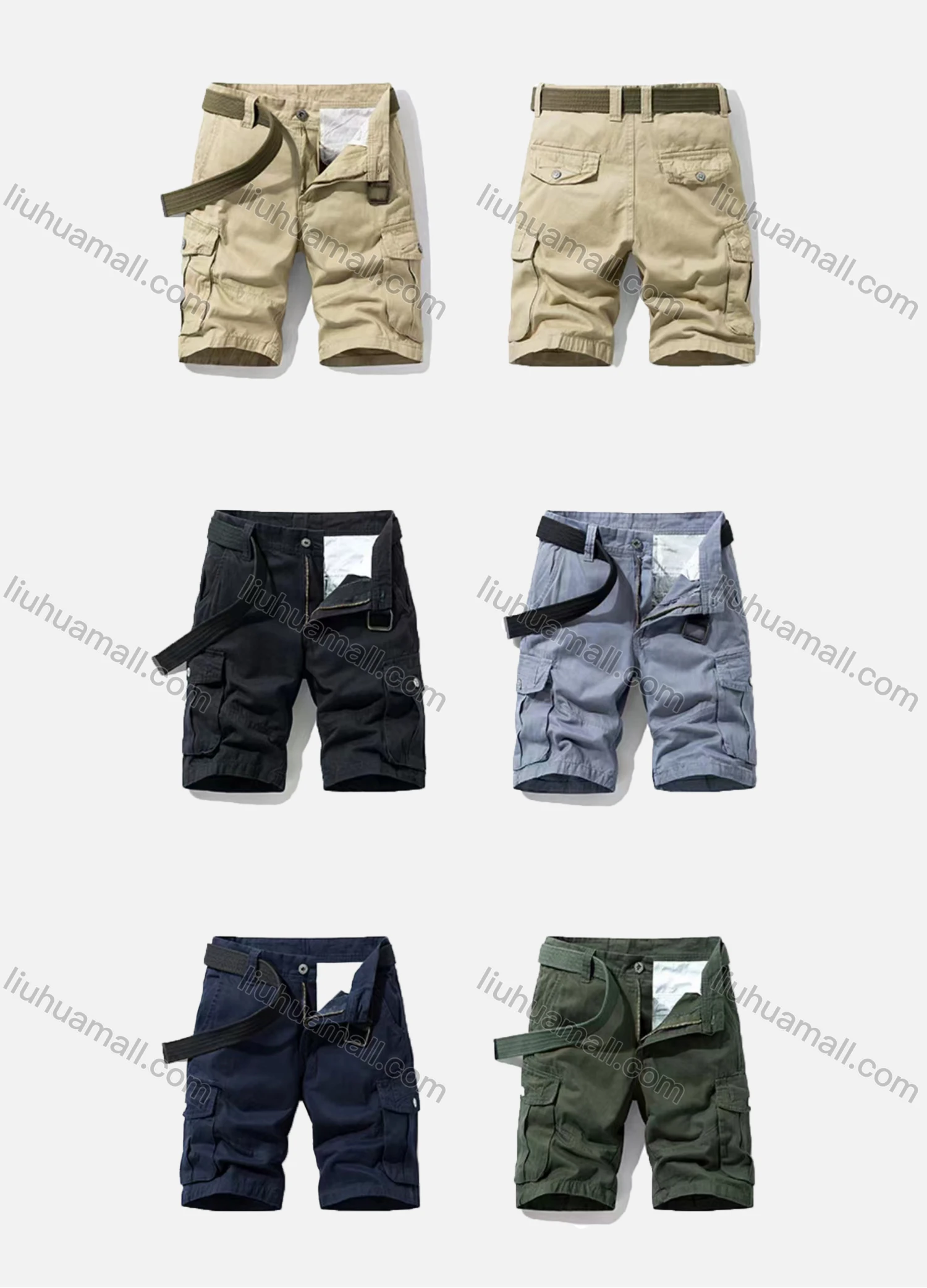 Wholesale Men's Casual Plain Multiple Flap Pockets Shorts With Belt 27053# - Liuhuamall