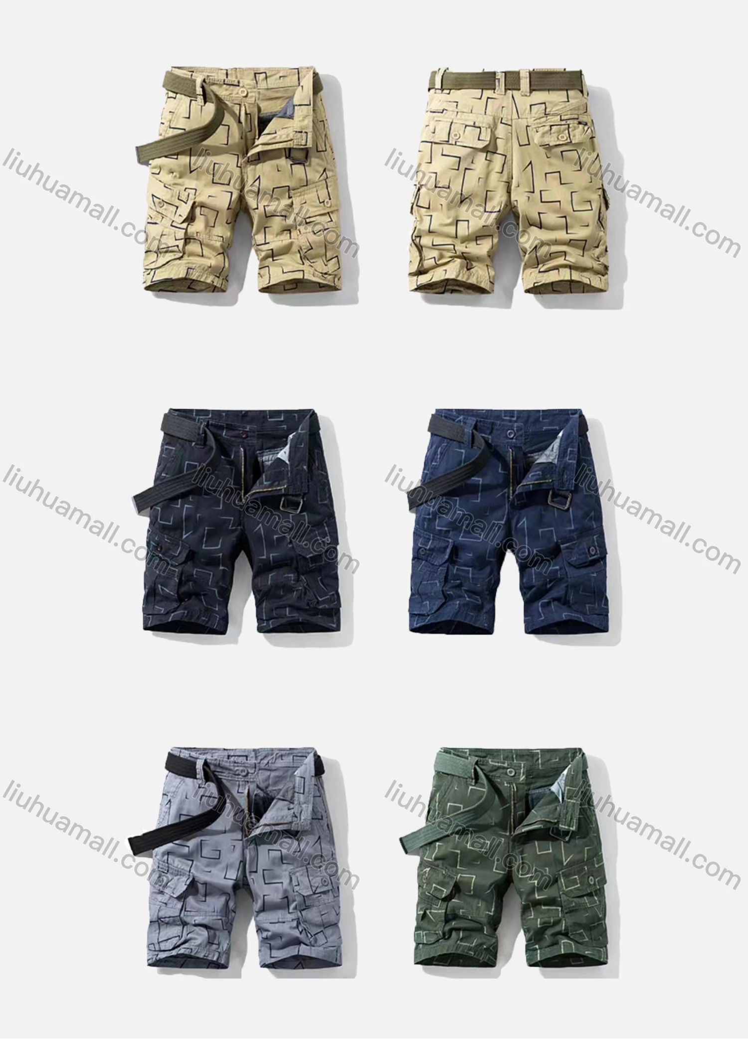 Wholesale Men's Casual Allover Print Multiple Pockets Shorts With Belt 27254# - Liuhuamall