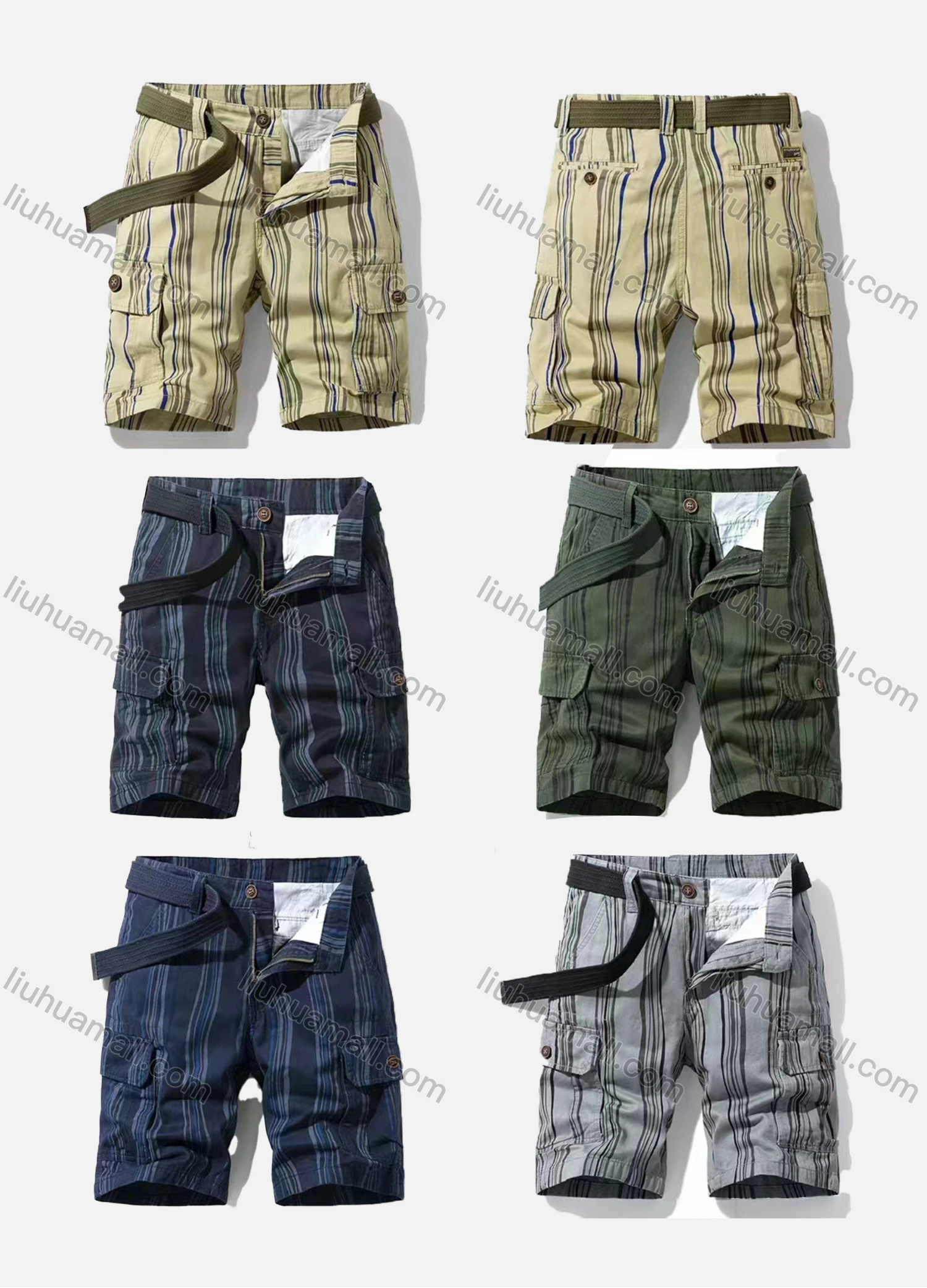 Wholesale Men's Casual Vertical Stripe Multiple Pockets Shorts With Belt 28251# - Liuhuamall