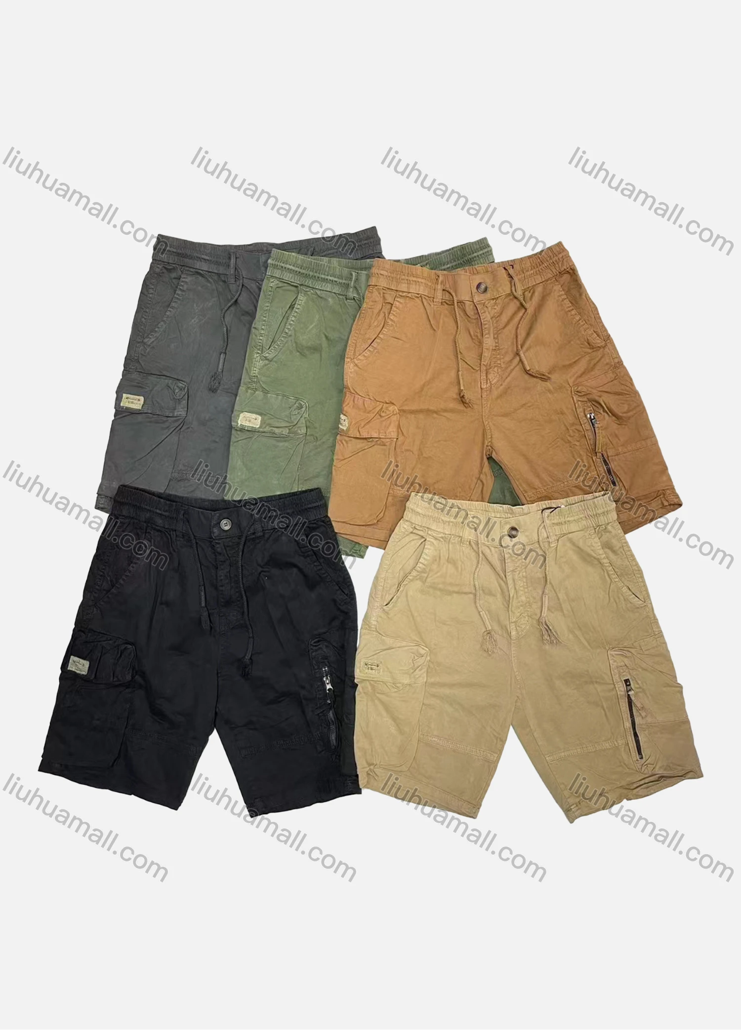Wholesale Men's Casual Plain Multiple Pockets Drawstring Zip Decor Elastic Waist Shorts 29401# - Liuhuamall