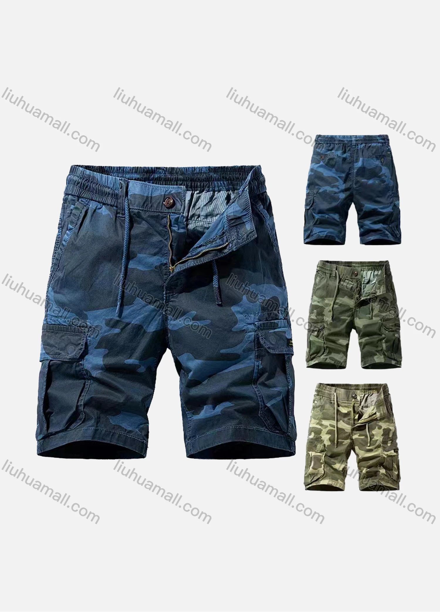 Wholesale Men's Casual Camouflage Drawstring Multiple Pockets Elastic Waist Shorts - Liuhuamall
