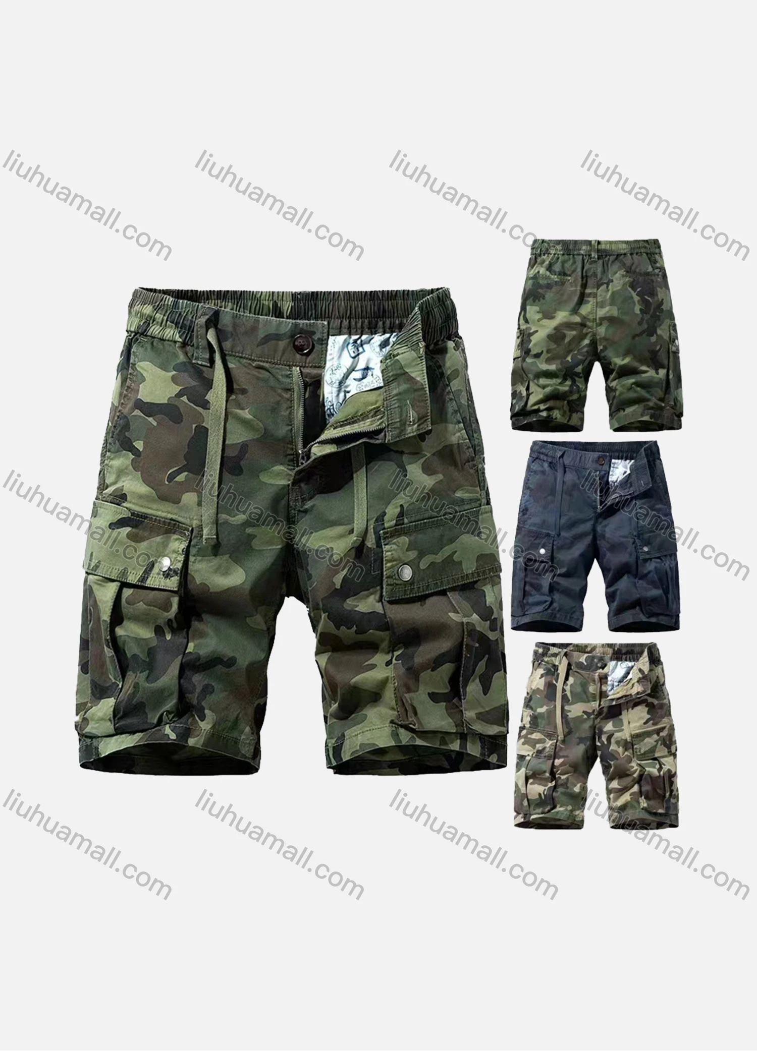 Wholesale Men's Casual Camouflage Multiple Pockets Drawstring Elastic Waist Shorts - Liuhuamall