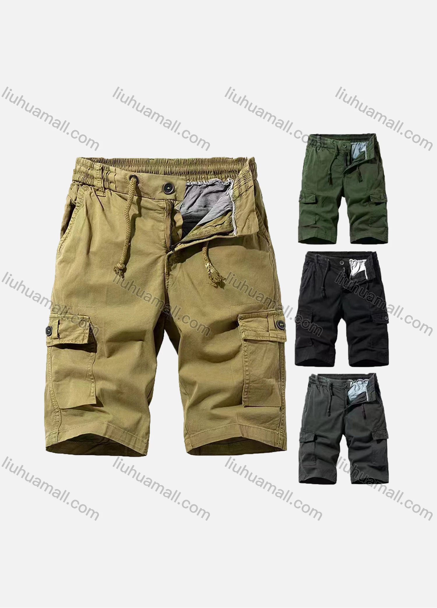 Wholesale Men's Casual Plain Multiple Pockets Drawstring Elastic Waist Shorts - Liuhuamall