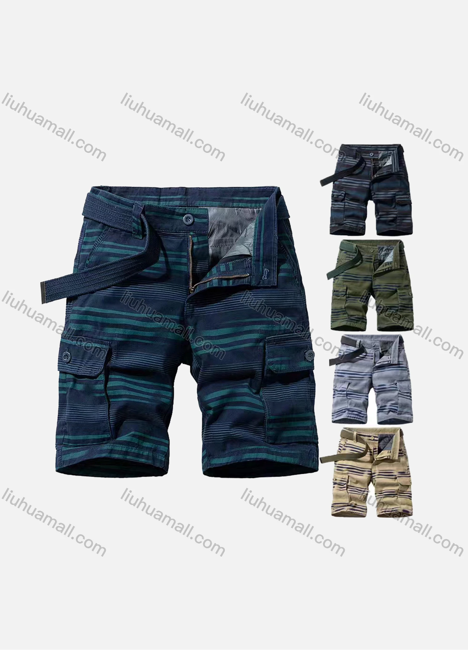 Wholesale Men's Casual Striped Multiple Pockets Shorts With Belt - Liuhuamall