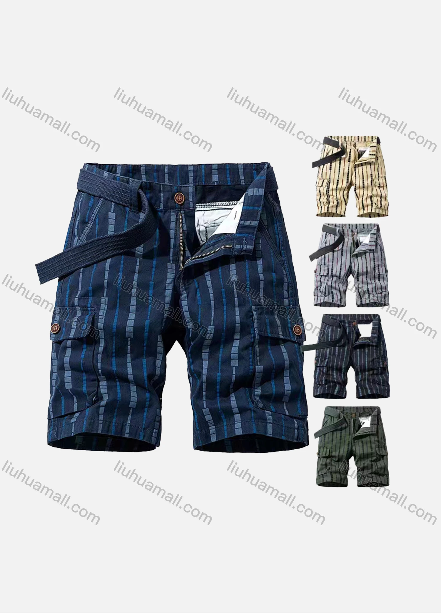 Wholesale Men's Casual Vertical Stripe Multiple Pockets Shorts With Belt - Liuhuamall