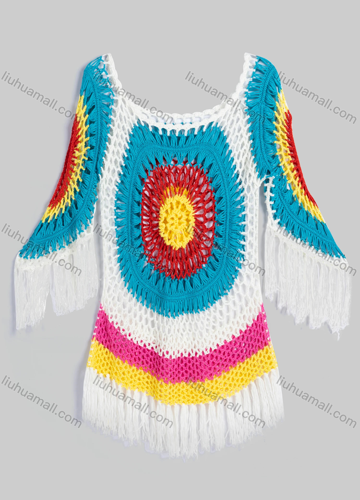 Wholesale Women's Casual Scoop Neck 3/4 Sleeve Fringe Trim Crochet Cover Up Dress 298# - Liuhuamall