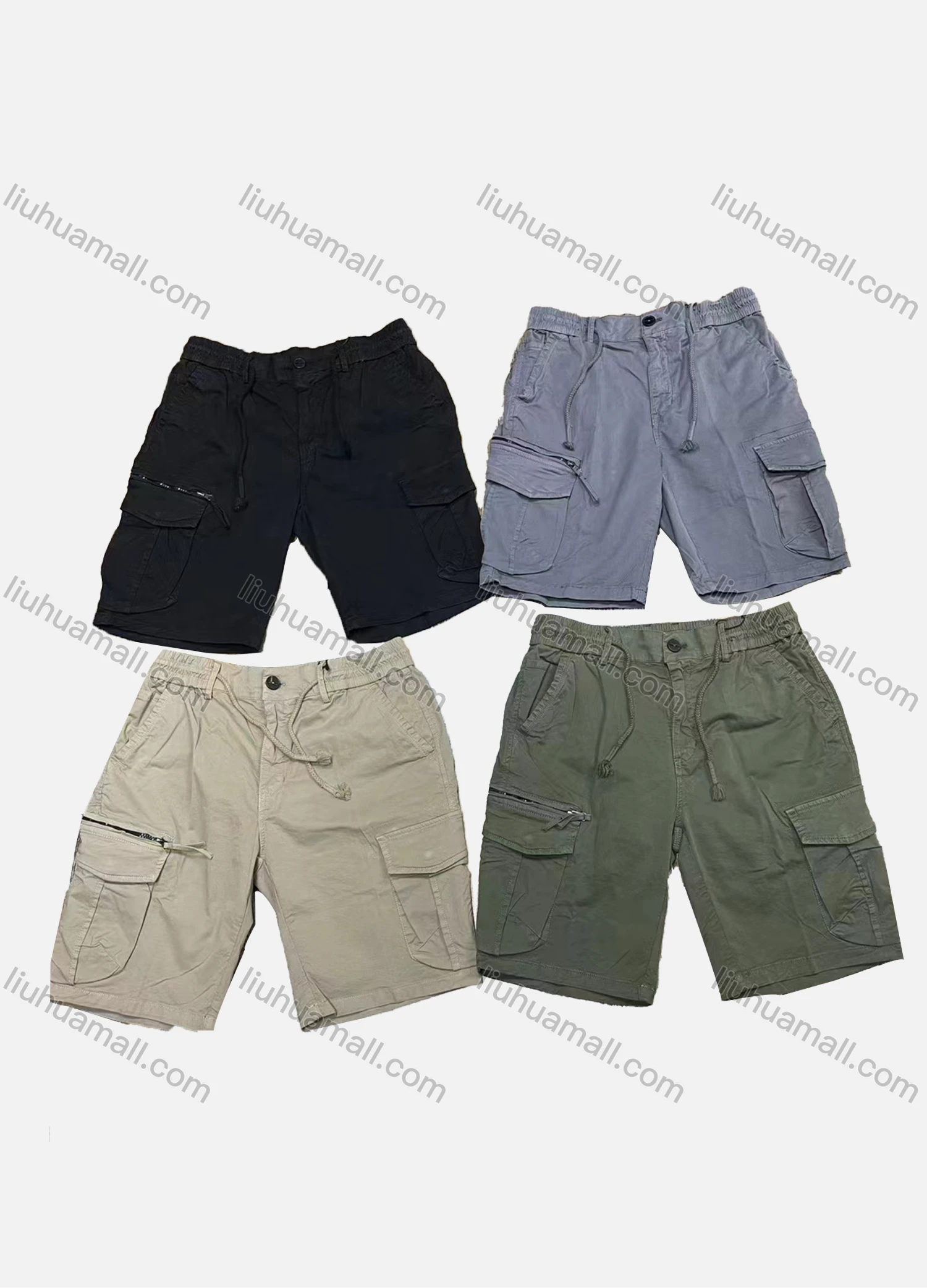 Wholesale Men's Casual Plain Drawstring Zip Decor Multiple Pockets Elastic Waist Shorts L6201# - Liuhuamall