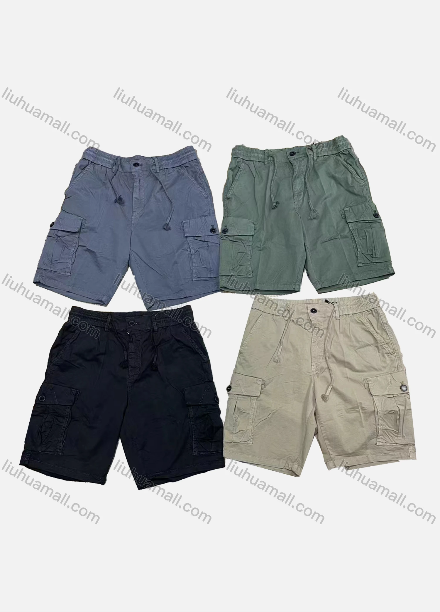 Wholesale Men's Casual Plain Drawstring Multiple Pockets Elastic Waist Shorts L6301# - Liuhuamall