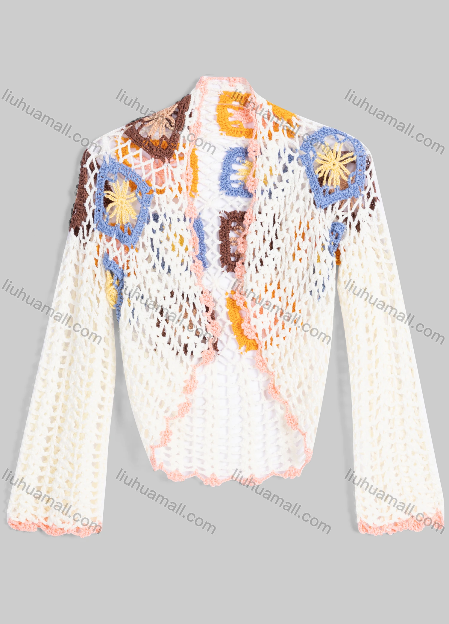 Wholesale Women's Long Sleeve Crochet Floral Knit Crop Cardigans 2208# - Liuhuamall