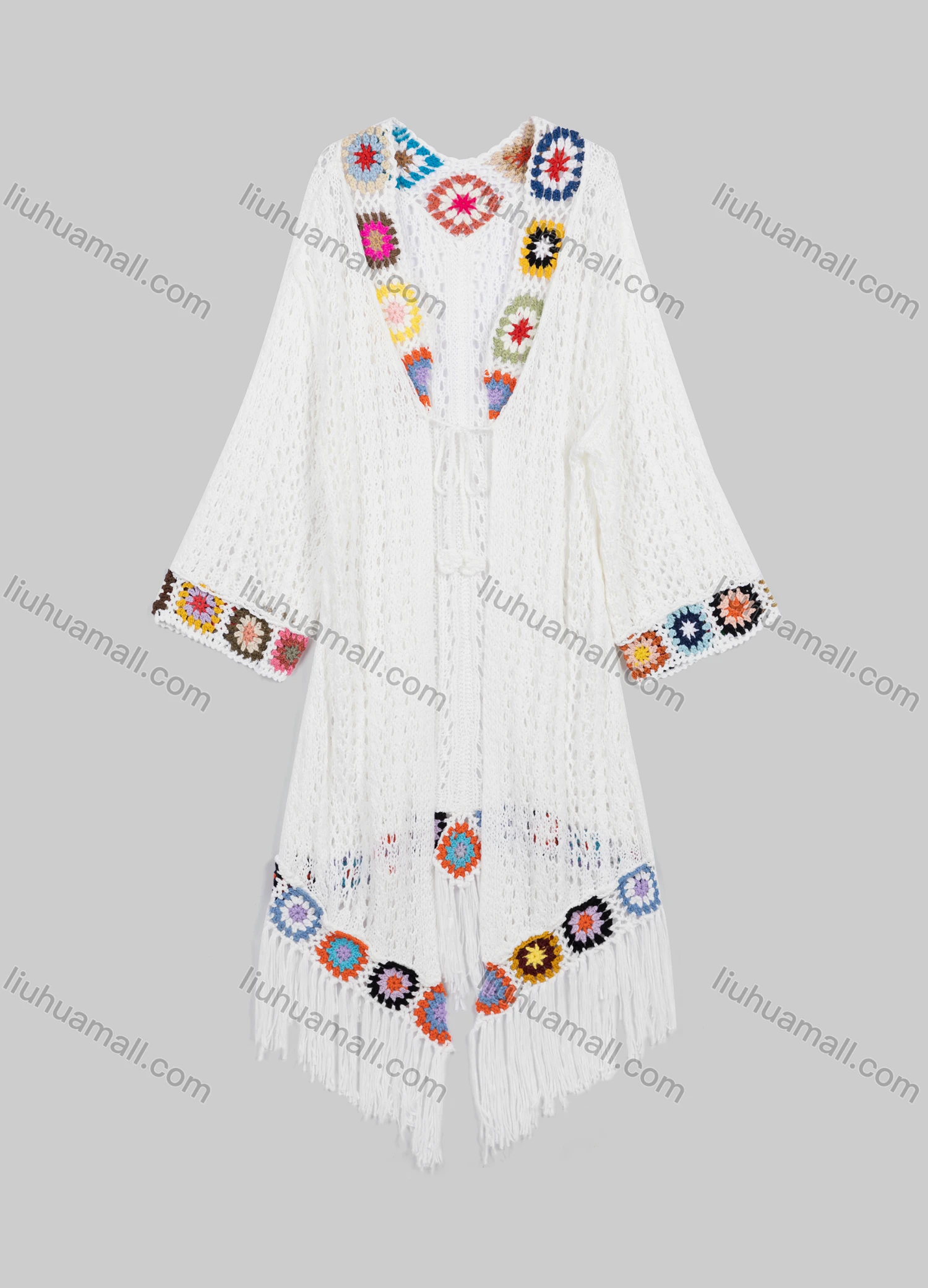 Wholesale Women's Long Sleeve Crochet Fringe Trim Lace Up Mid Length Knit Cardigans 203# - Liuhuamall