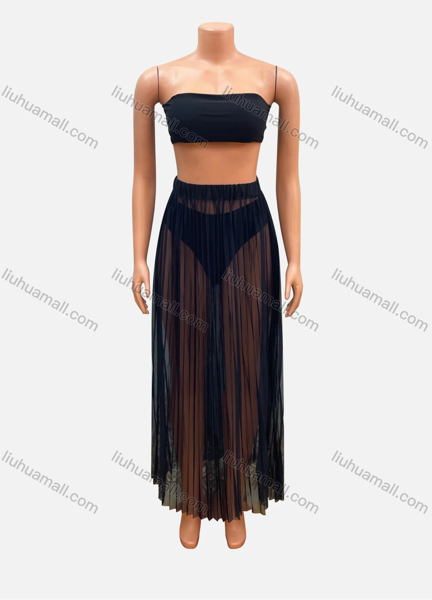 Wholesale Women's Sexy Chest Top & See Through Cover Up Pleated Skirts 2 Piece Set FD3243A# - Liuhuamall
