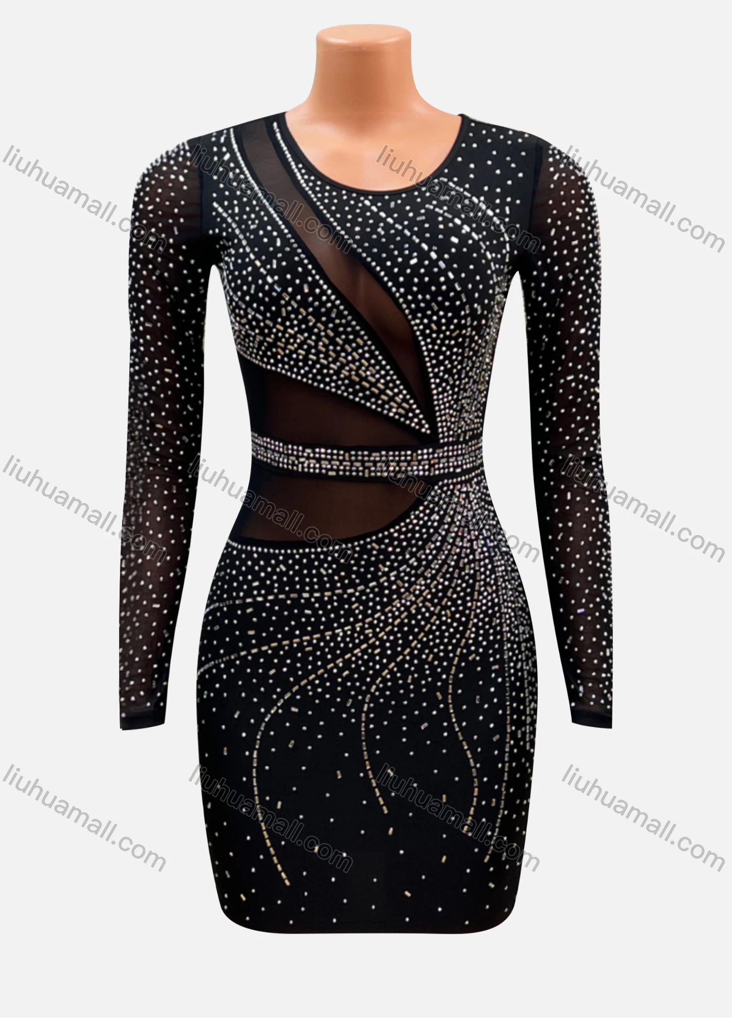 Wholesale Women's Sexy Allover Rhinestone Print Crew Neck Sheer Mesh Bodycon Short Dress FD3118# - Liuhuamall