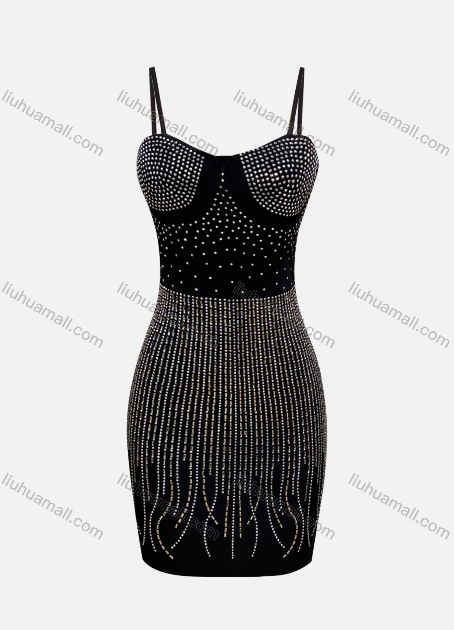 Wholesale Women's Fashion Allover Rhinestone Print Bodycon Spaghetti Strap Short Dress FD3117# - Liuhuamall