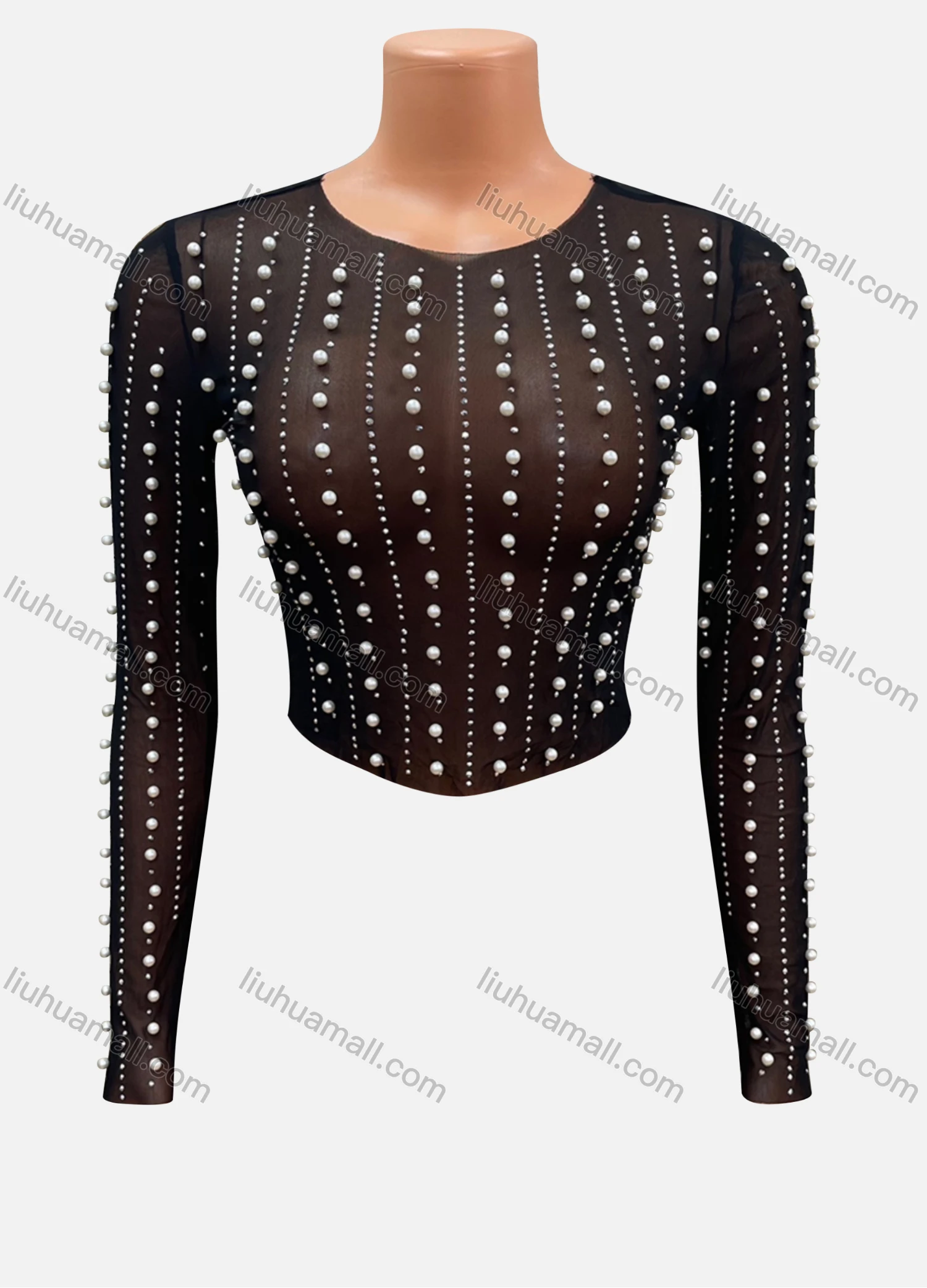 Wholesale Women's Fashion Plain Pearl Decor Crew Neck Long Sleeve Crop Top FD3117# - Liuhuamall