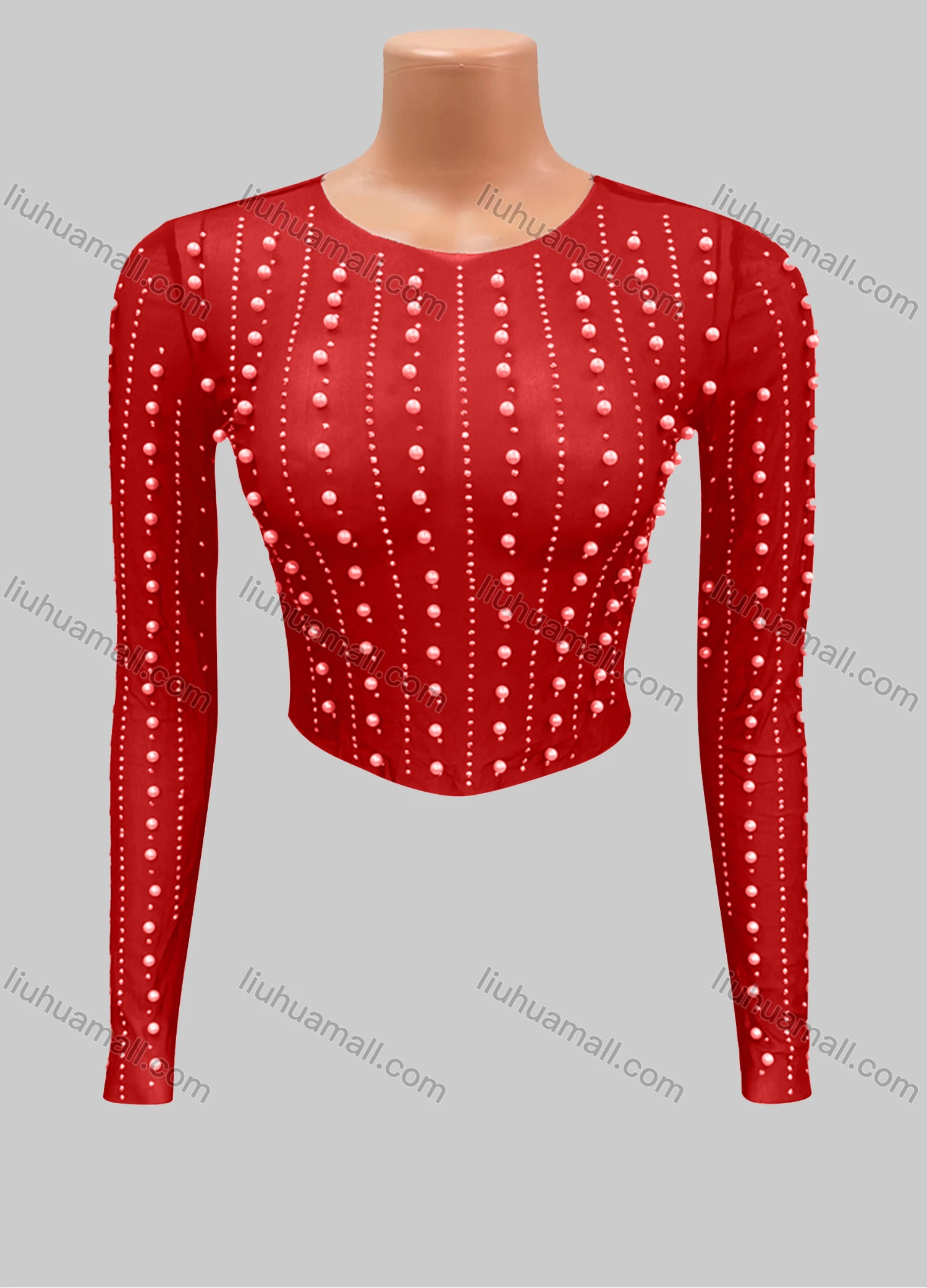 Wholesale Women's Fashion Plain Pearl Decor Crew Neck Long Sleeve Crop Top FD3117# - Liuhuamall