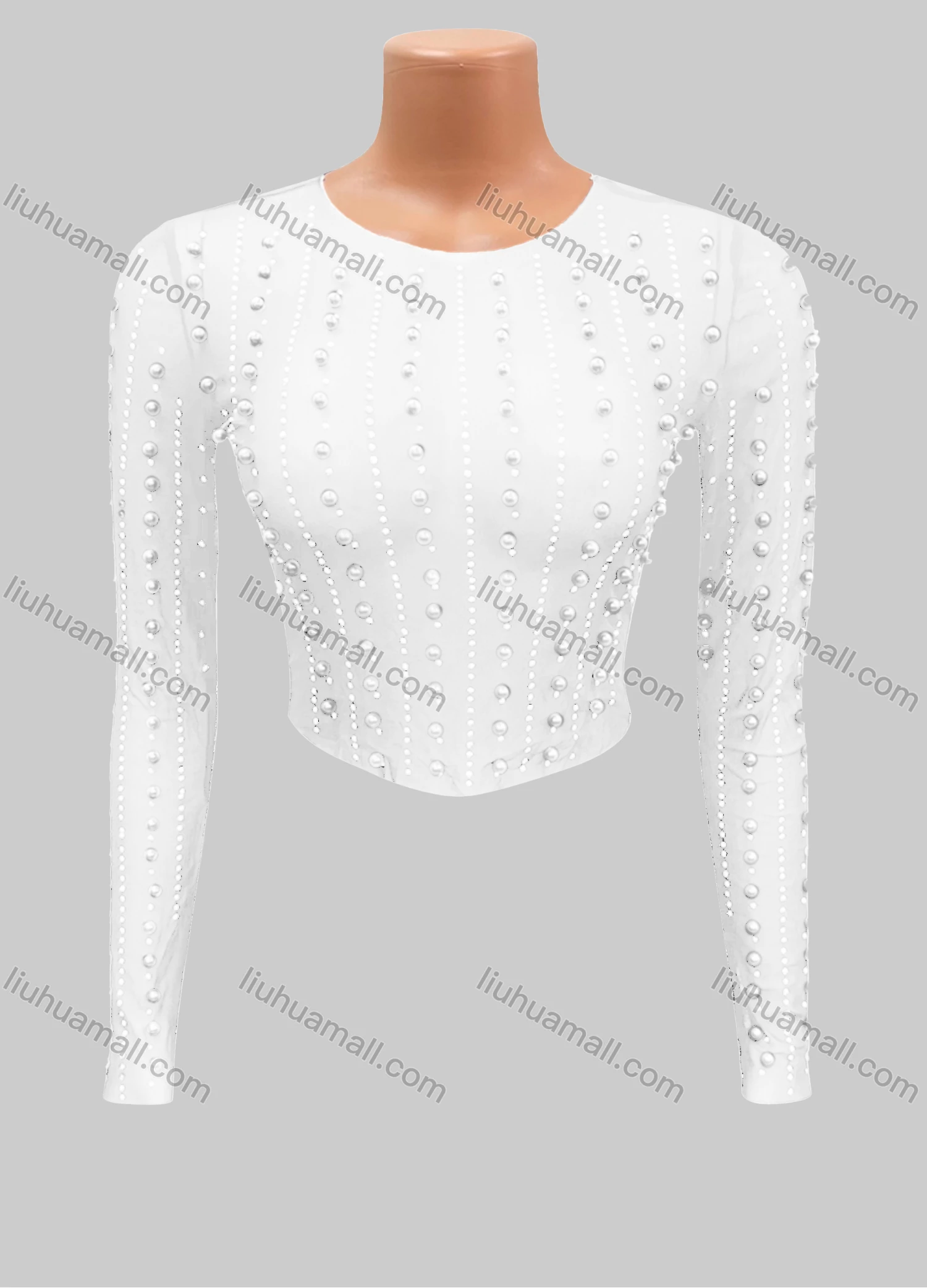 Wholesale Women's Fashion Plain Pearl Decor Crew Neck Long Sleeve Crop Top FD3117# - Liuhuamall
