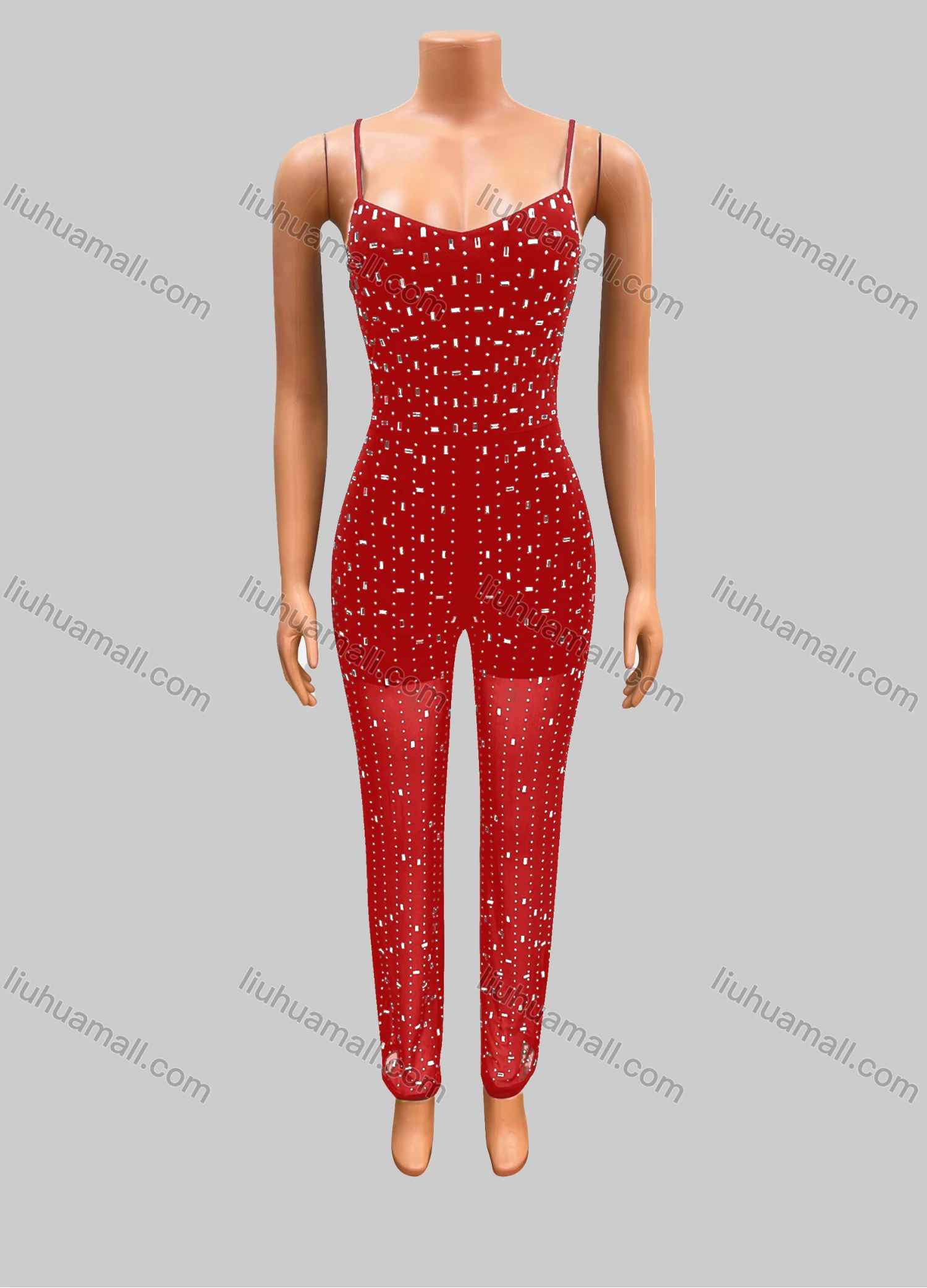 Wholesale Women's Fashion Allover Rhinestone Print Bodycon Spaghetti Strap Jumpsuit FD307# - Liuhuamall