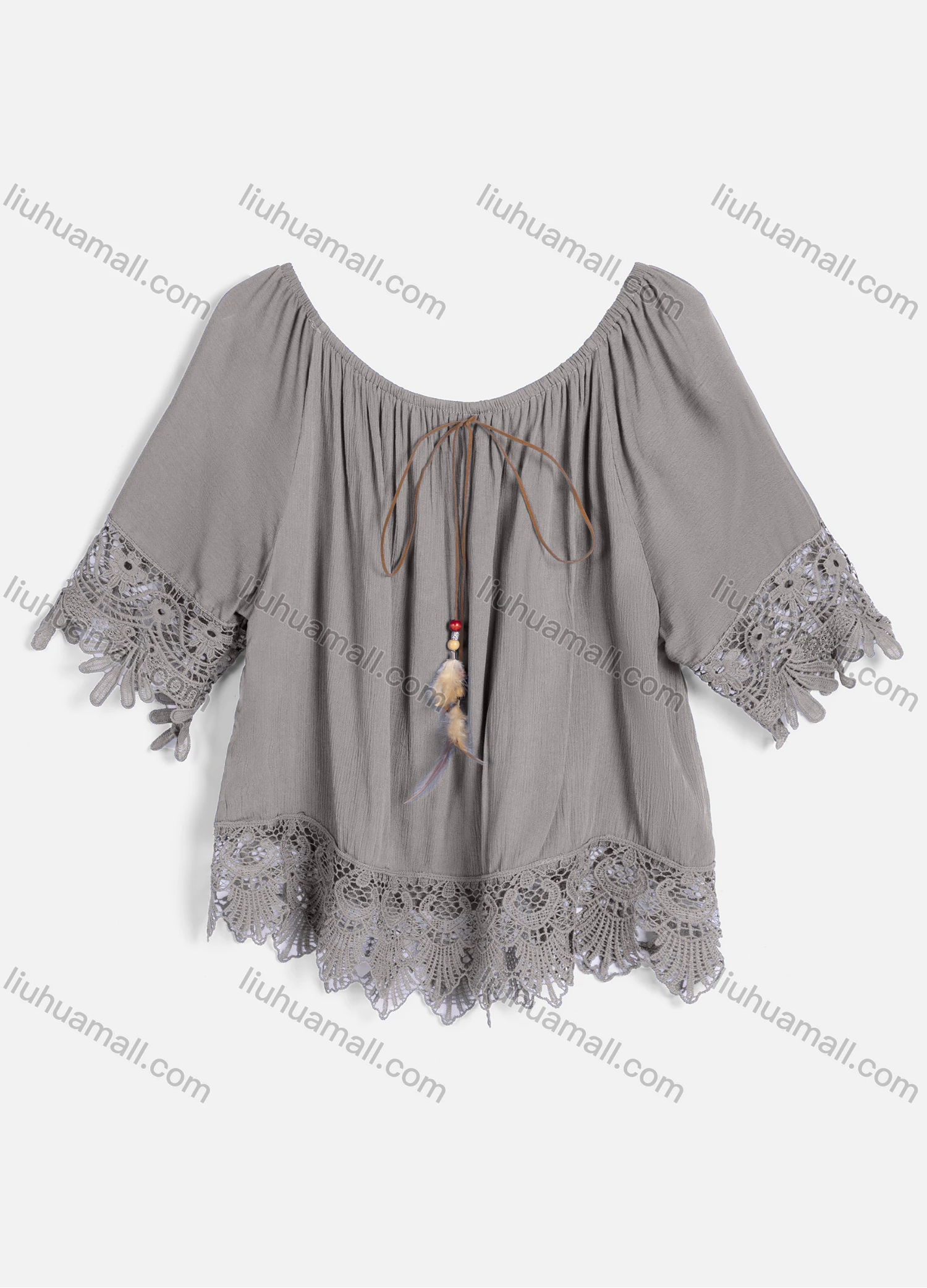 Wholesale Women's Casual Crew Neck Short Sleeve Lace Up Feather Decor Guipure Lace Crop Blouse 002# - Liuhuamall