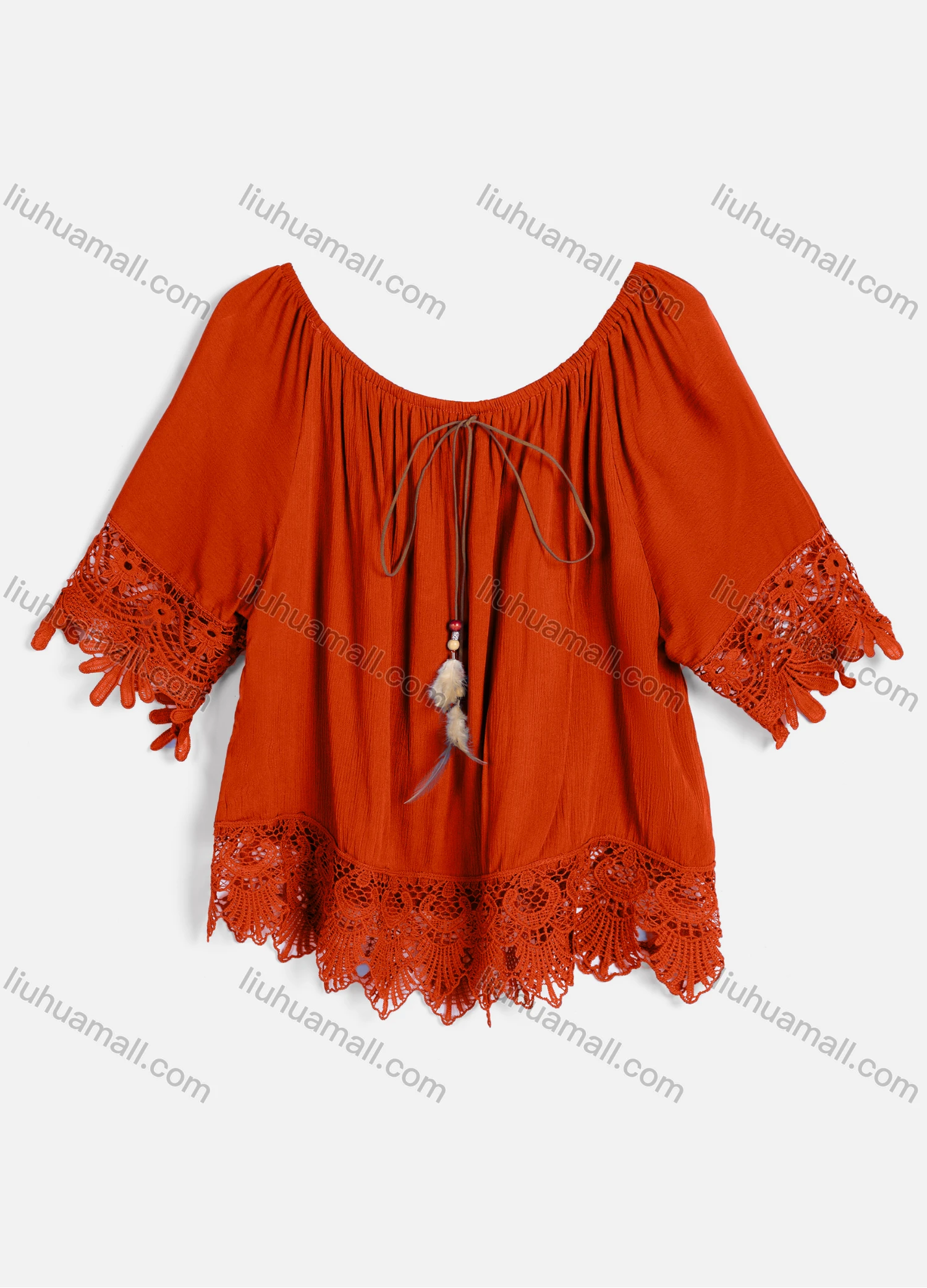 Wholesale Women's Casual Crew Neck Short Sleeve Lace Up Feather Decor Guipure Lace Crop Blouse 002# - Liuhuamall