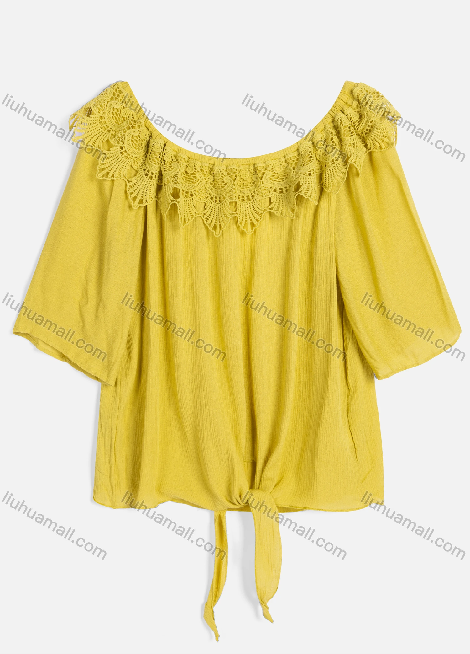 Wholesale Women's Casual Crew Neck Short Sleeve Lace Up Guipure Lace Blouse BH-05# - Liuhuamall