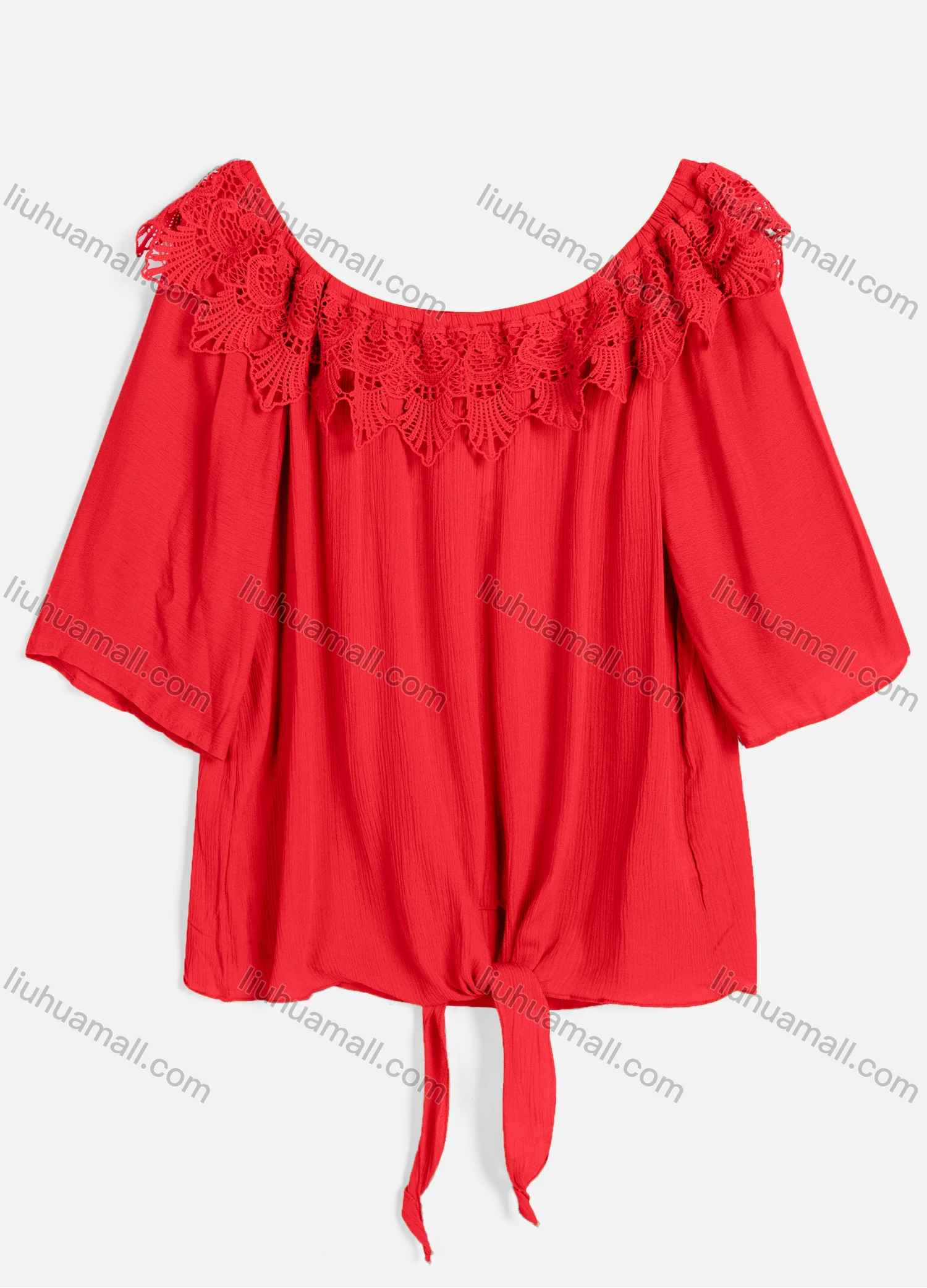 Wholesale Women's Casual Crew Neck Short Sleeve Lace Up Guipure Lace Blouse BH-05# - Liuhuamall