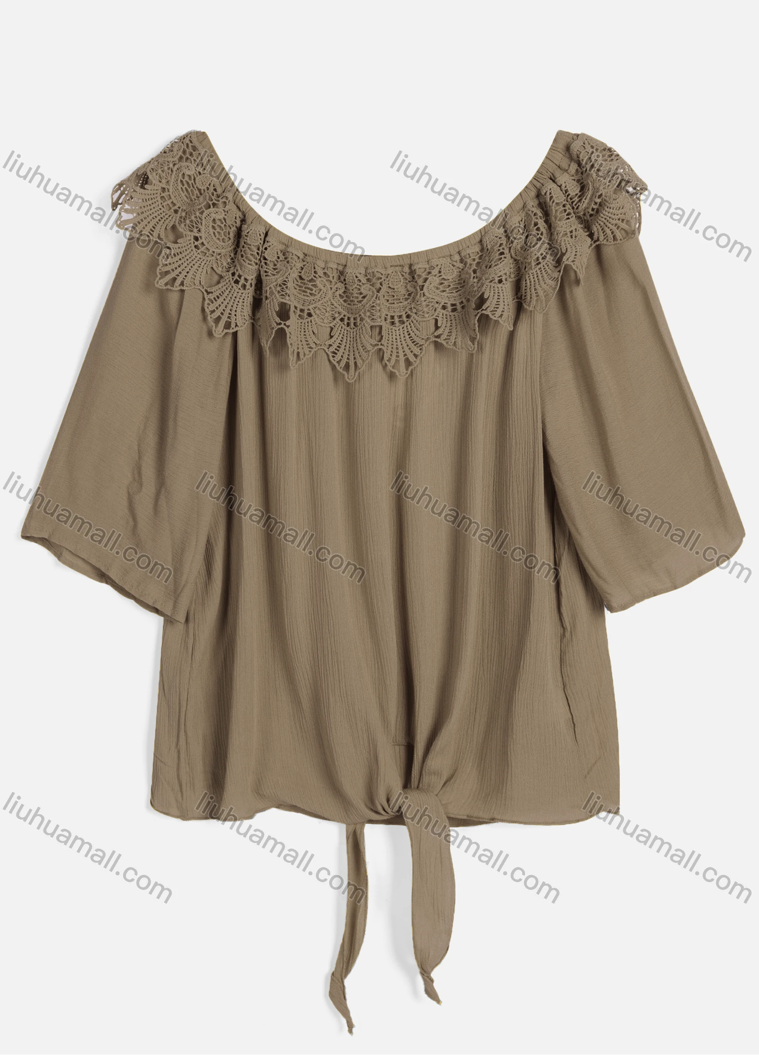 Wholesale Women's Casual Crew Neck Short Sleeve Lace Up Guipure Lace Blouse BH-05# - Liuhuamall