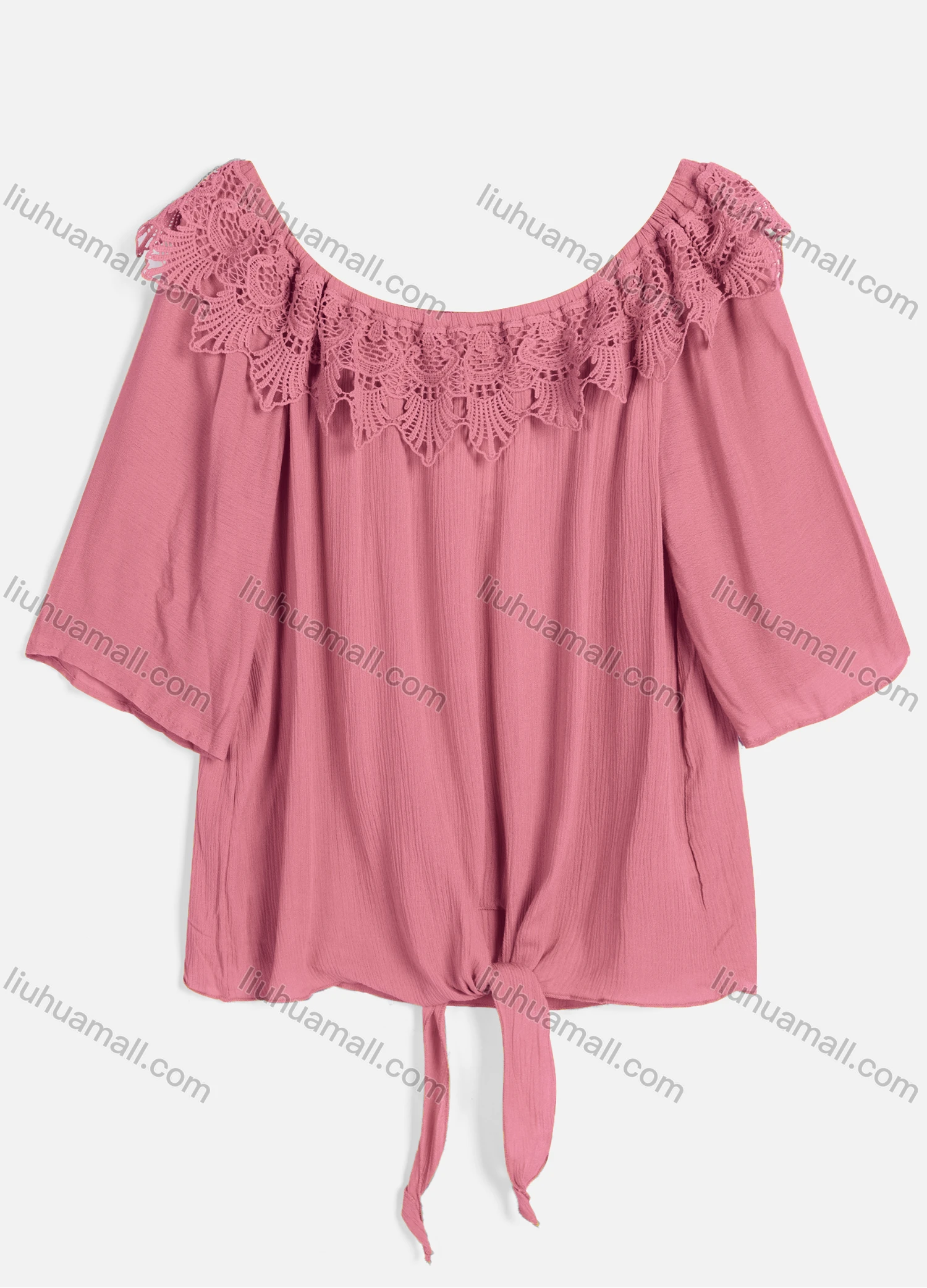Wholesale Women's Casual Crew Neck Short Sleeve Lace Up Guipure Lace Blouse BH-05# - Liuhuamall