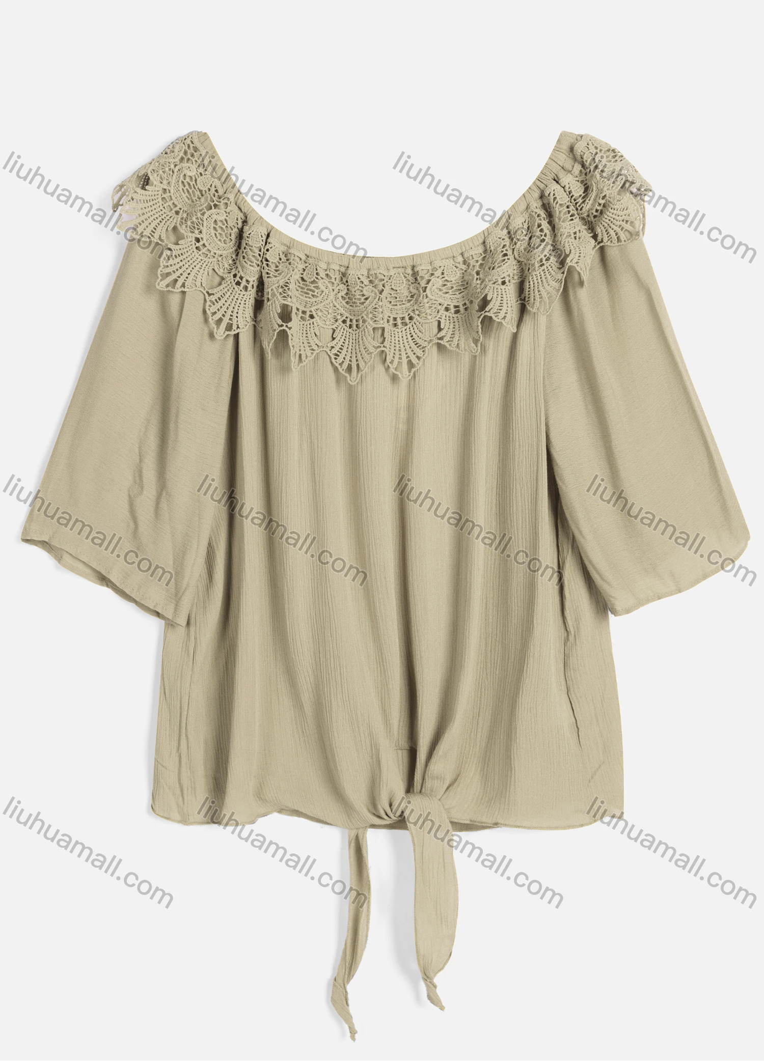 Wholesale Women's Casual Crew Neck Short Sleeve Lace Up Guipure Lace Blouse BH-05# - Liuhuamall
