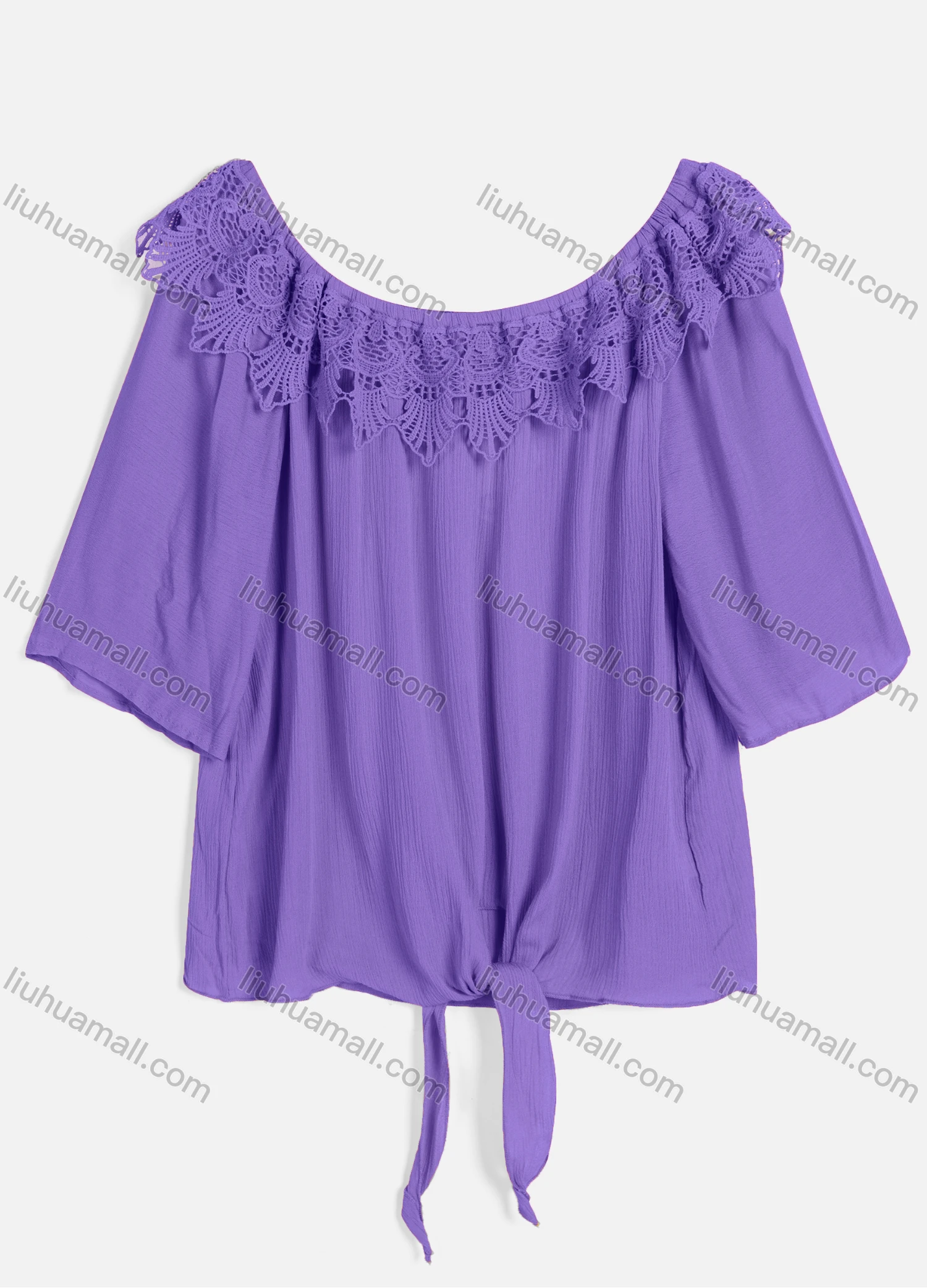 Wholesale Women's Casual Crew Neck Short Sleeve Lace Up Guipure Lace Blouse BH-05# - Liuhuamall