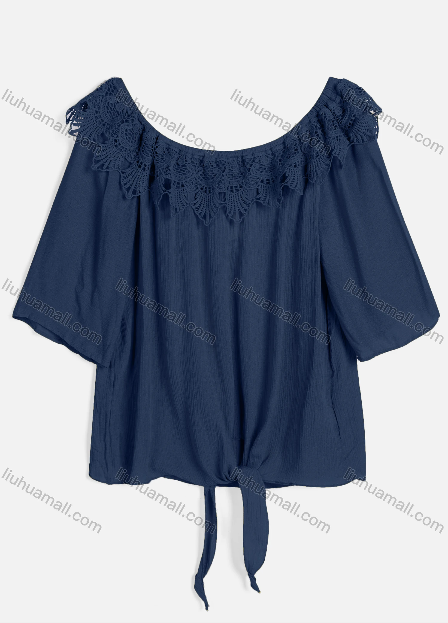 Wholesale Women's Casual Crew Neck Short Sleeve Lace Up Guipure Lace Blouse BH-05# - Liuhuamall