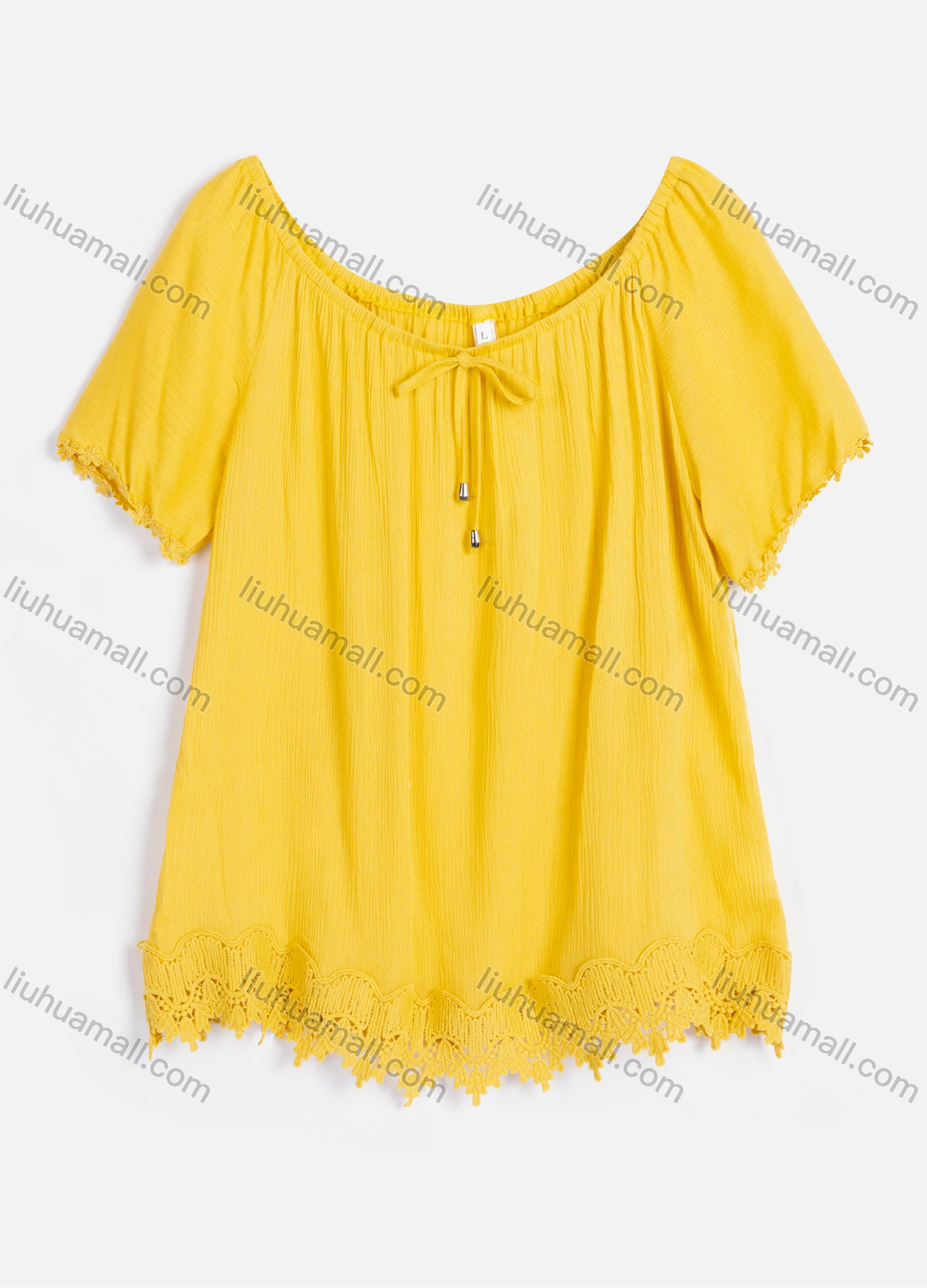Wholesale Women's Casual Crew Neck Short Sleeve Lace Up Guipure Lace Blouse RL-07# - Liuhuamall