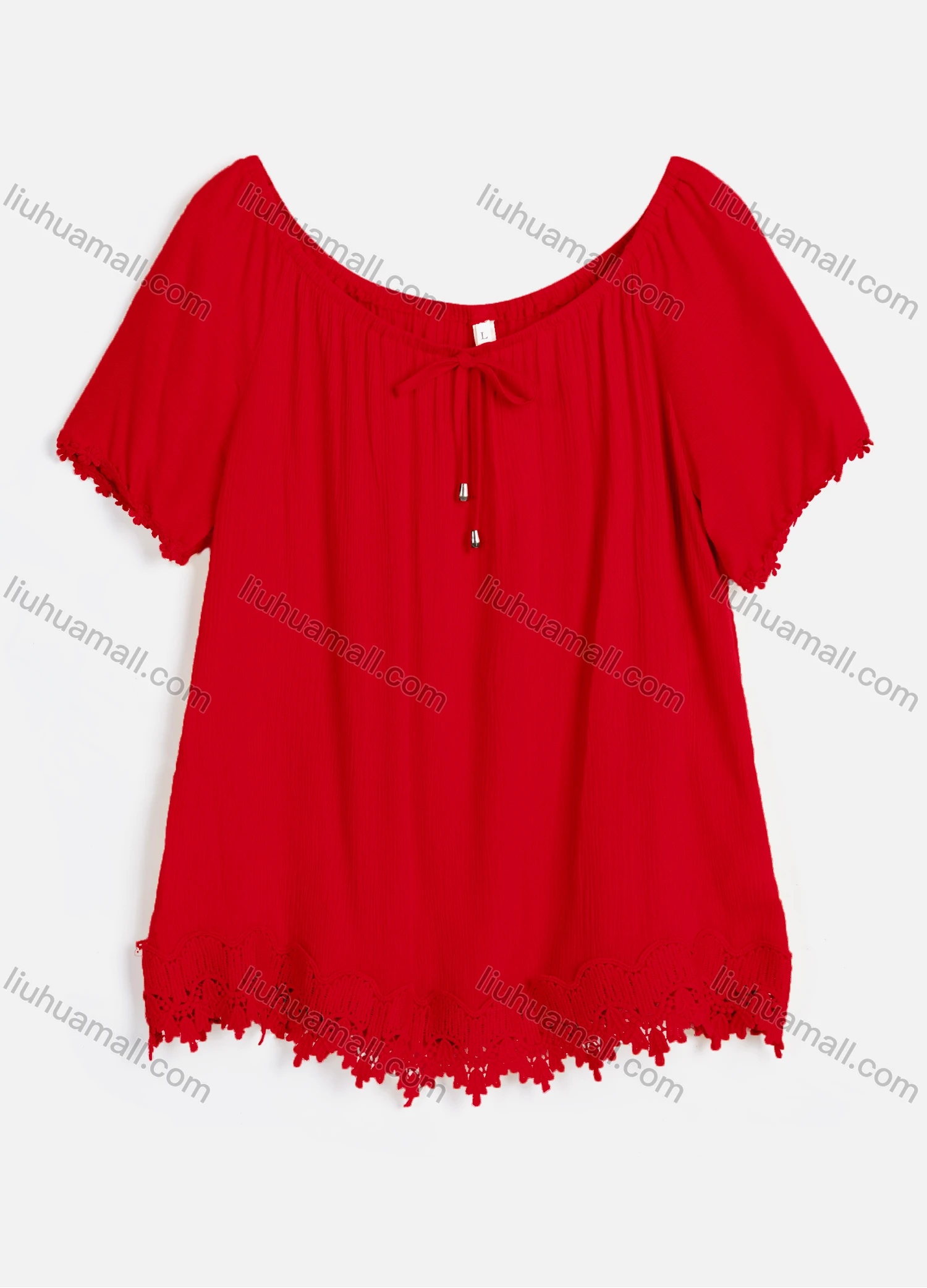 Wholesale Women's Casual Crew Neck Short Sleeve Lace Up Guipure Lace Blouse RL-07# - Liuhuamall