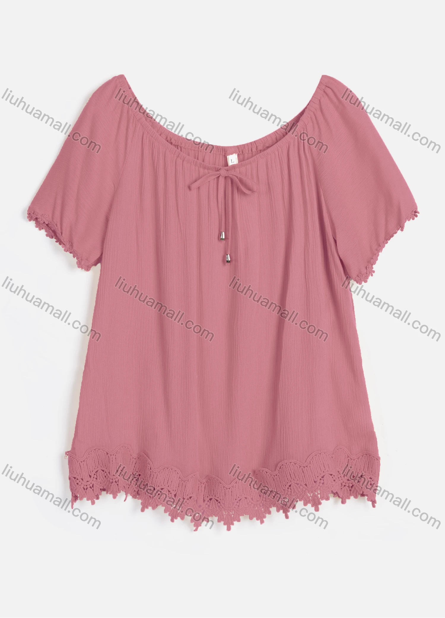 Wholesale Women's Casual Crew Neck Short Sleeve Lace Up Guipure Lace Blouse RL-07# - Liuhuamall