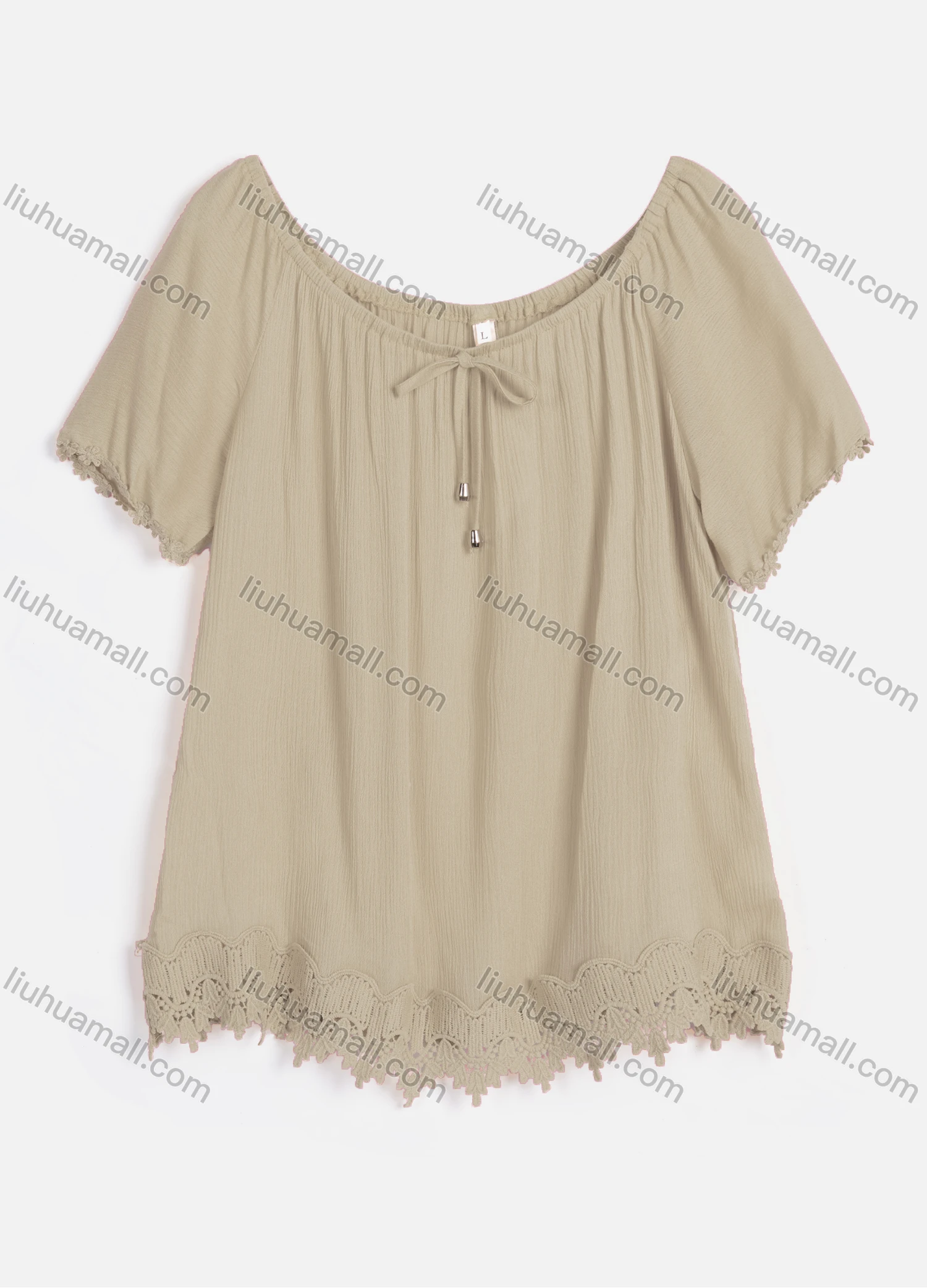 Wholesale Women's Casual Crew Neck Short Sleeve Lace Up Guipure Lace Blouse RL-07# - Liuhuamall
