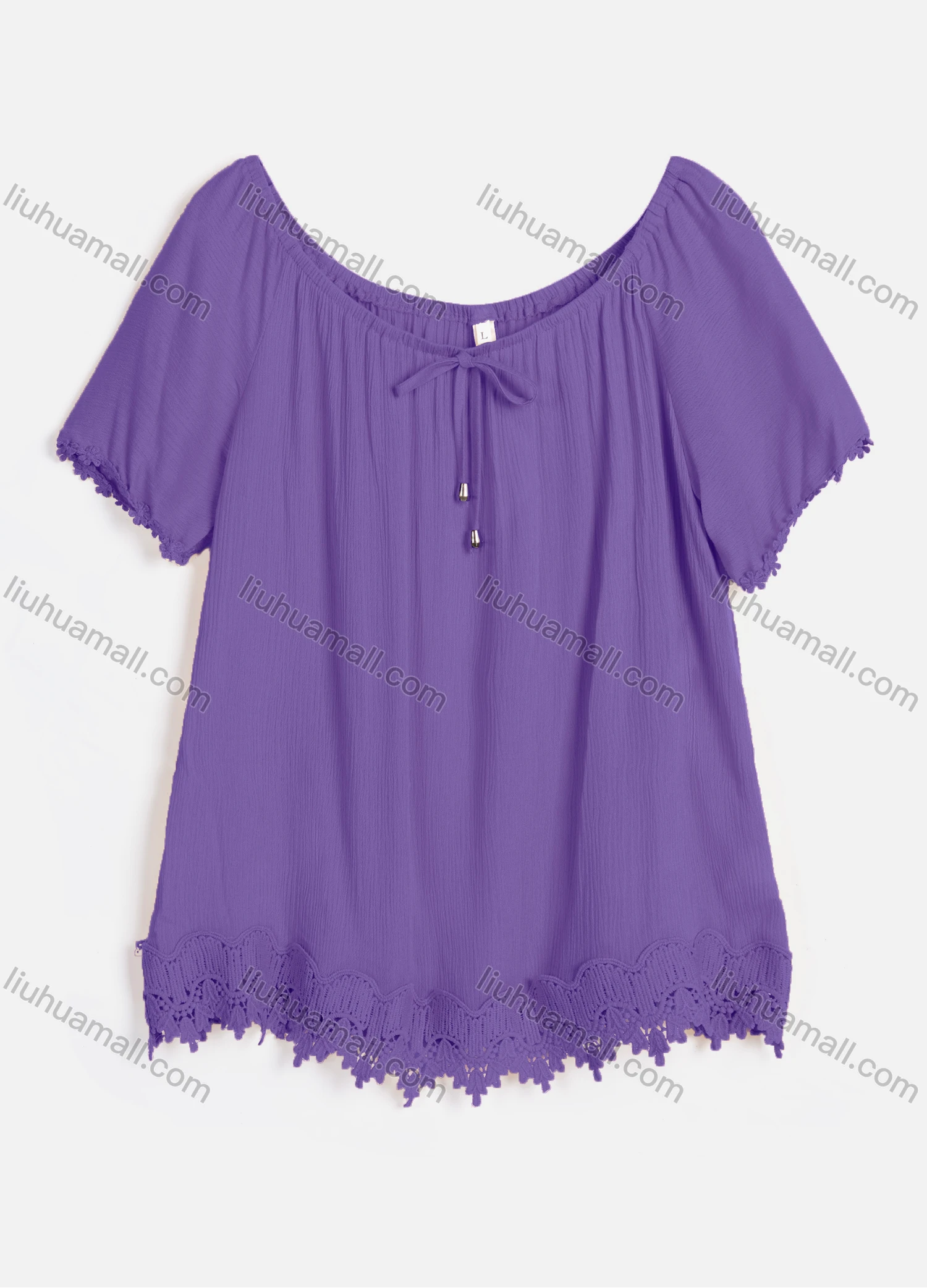 Wholesale Women's Casual Crew Neck Short Sleeve Lace Up Guipure Lace Blouse RL-07# - Liuhuamall