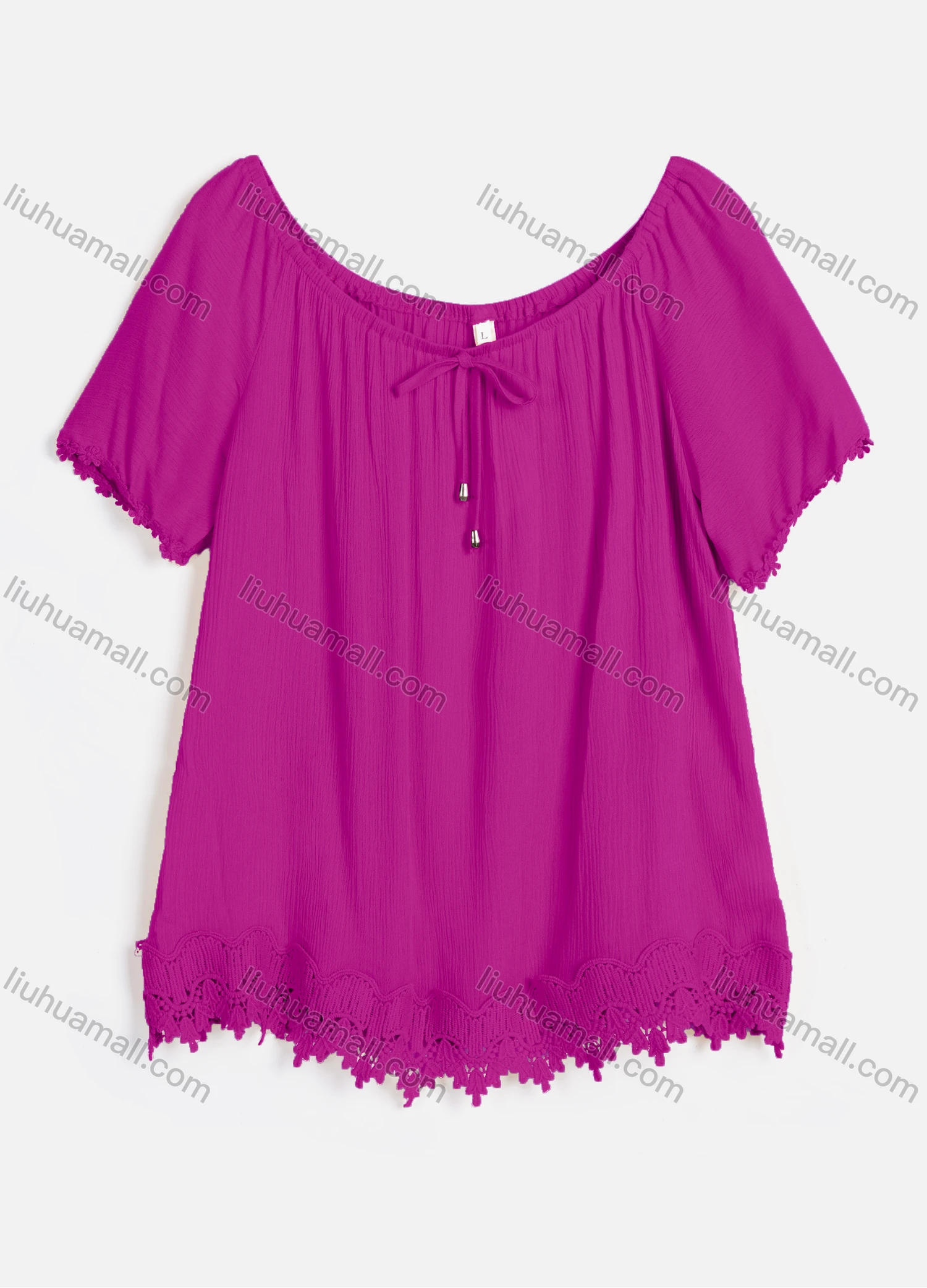 Wholesale Women's Casual Crew Neck Short Sleeve Lace Up Guipure Lace Blouse RL-07# - Liuhuamall