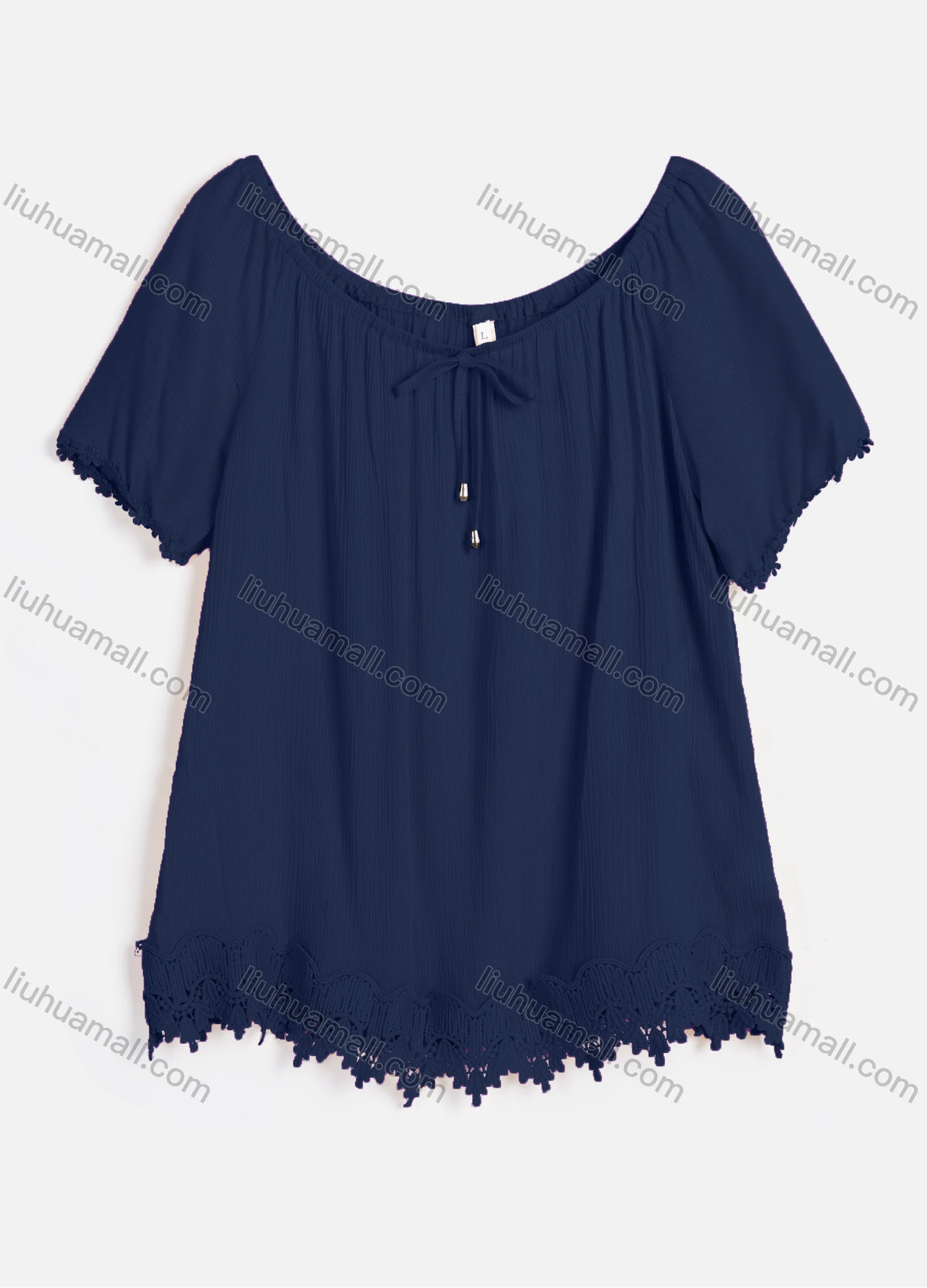 Wholesale Women's Casual Crew Neck Short Sleeve Lace Up Guipure Lace Blouse RL-07# - Liuhuamall