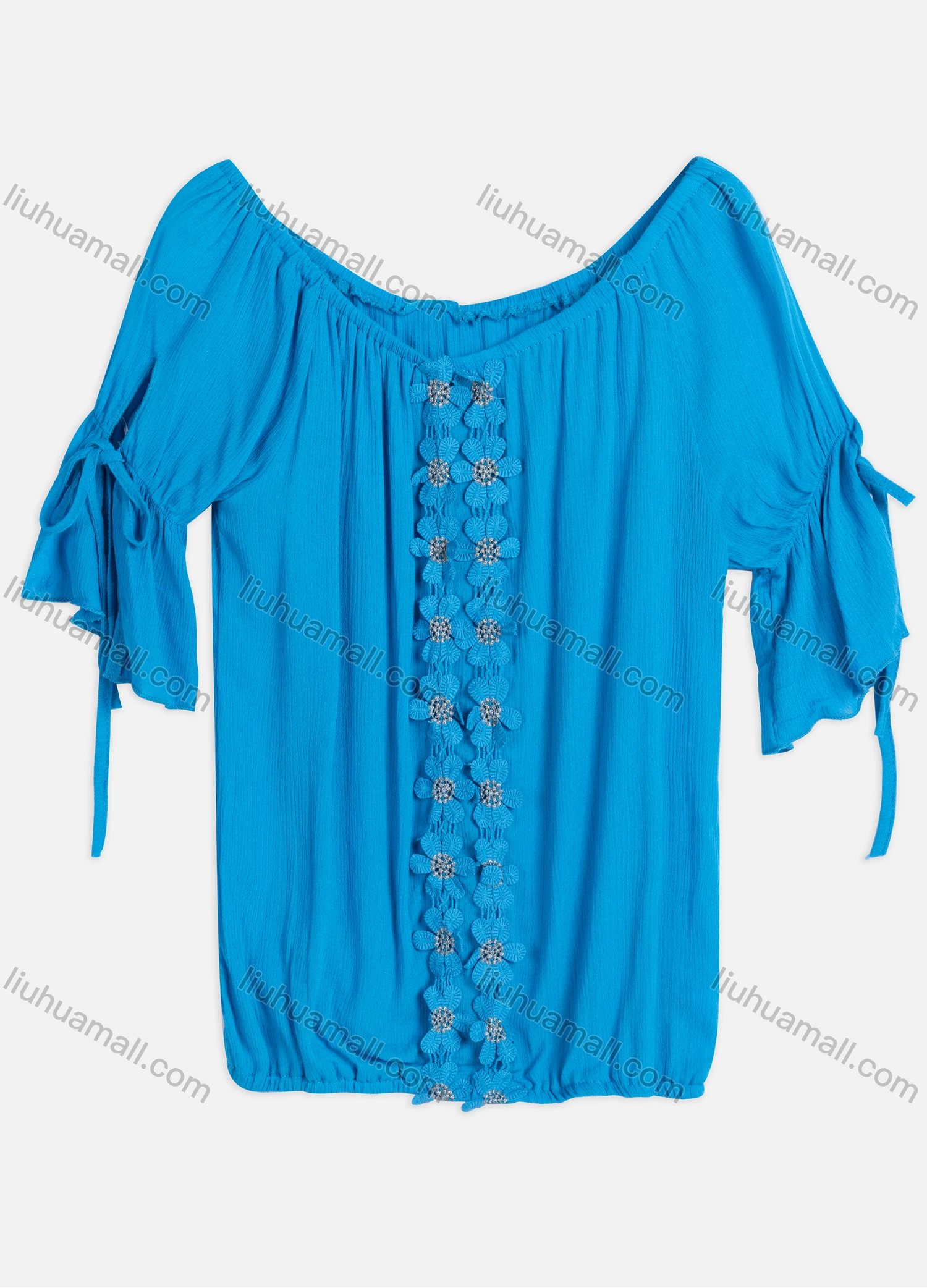 Wholesale Women's Casual Scoop Neck Ruffle Sleeve Lace Up Appliques Blouse BH-02# - Liuhuamall