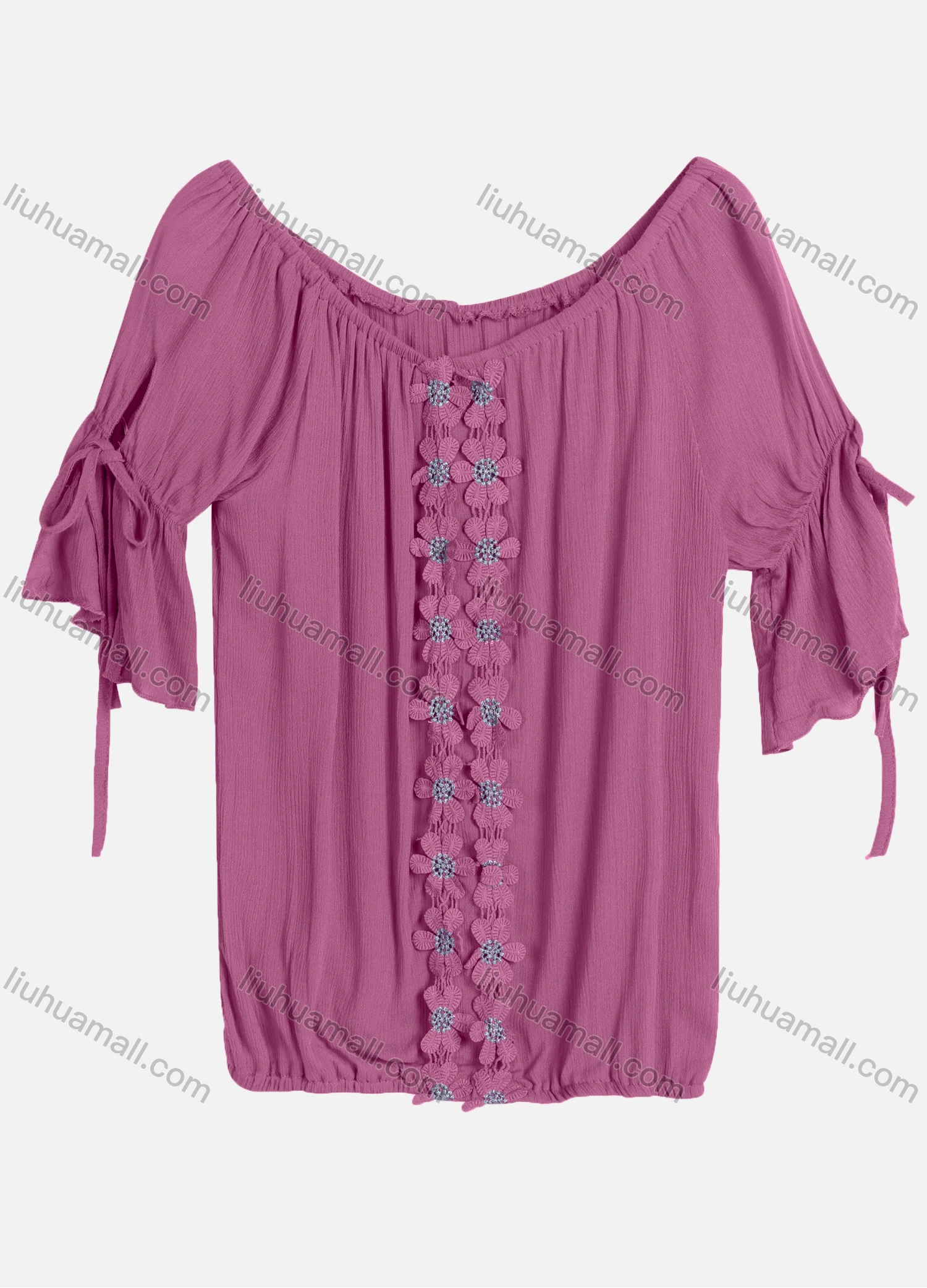Wholesale Women's Casual Scoop Neck Ruffle Sleeve Lace Up Appliques Blouse BH-02# - Liuhuamall