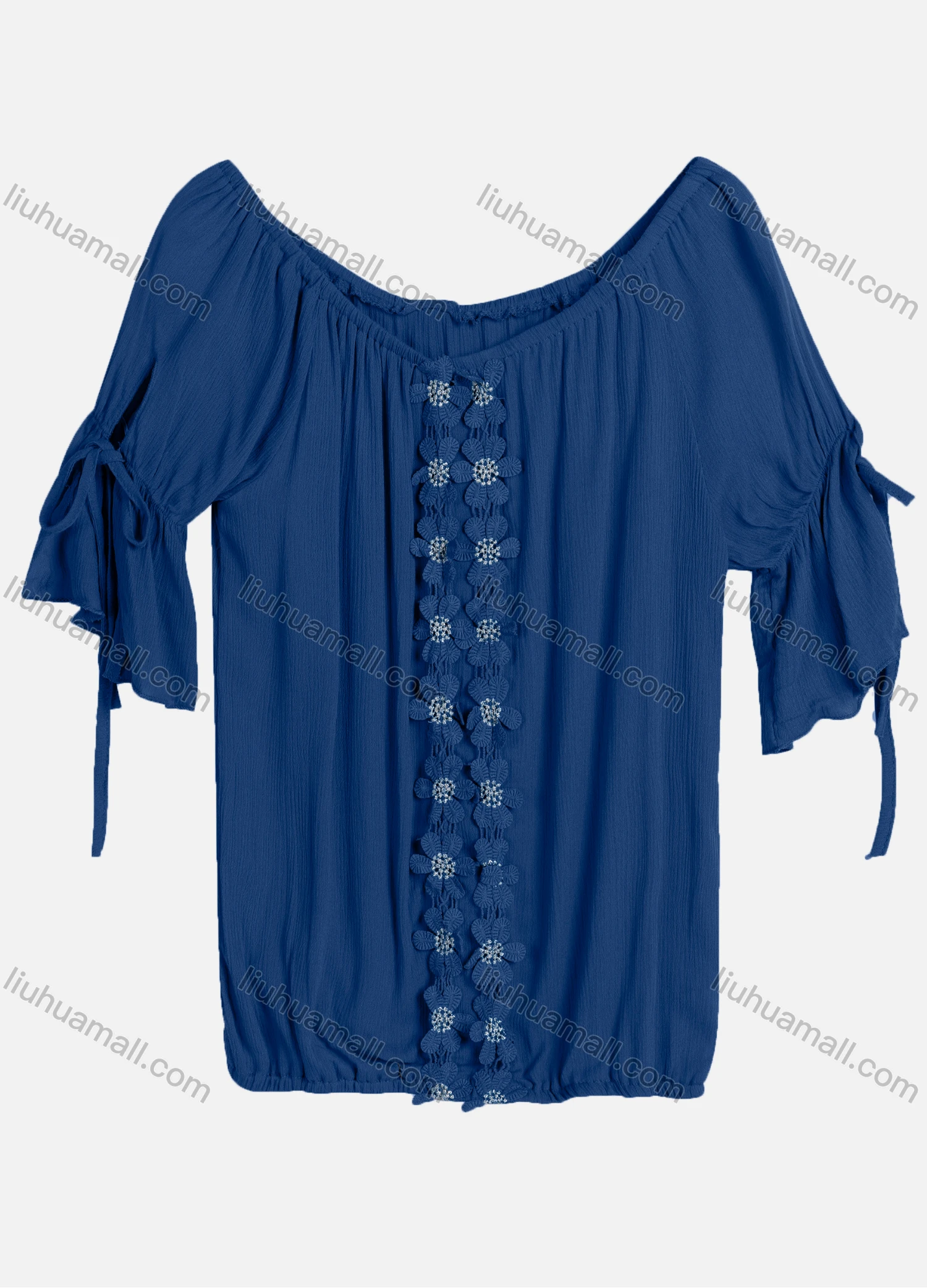 Wholesale Women's Casual Scoop Neck Ruffle Sleeve Lace Up Appliques Blouse BH-02# - Liuhuamall