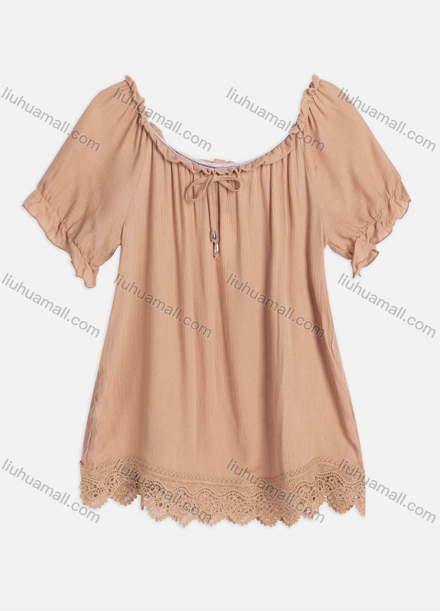 Wholesale Women's Casual Crew Neck Ruffle Sleeve Lace Up Guipure Lace Blouse RL-06# - Liuhuamall