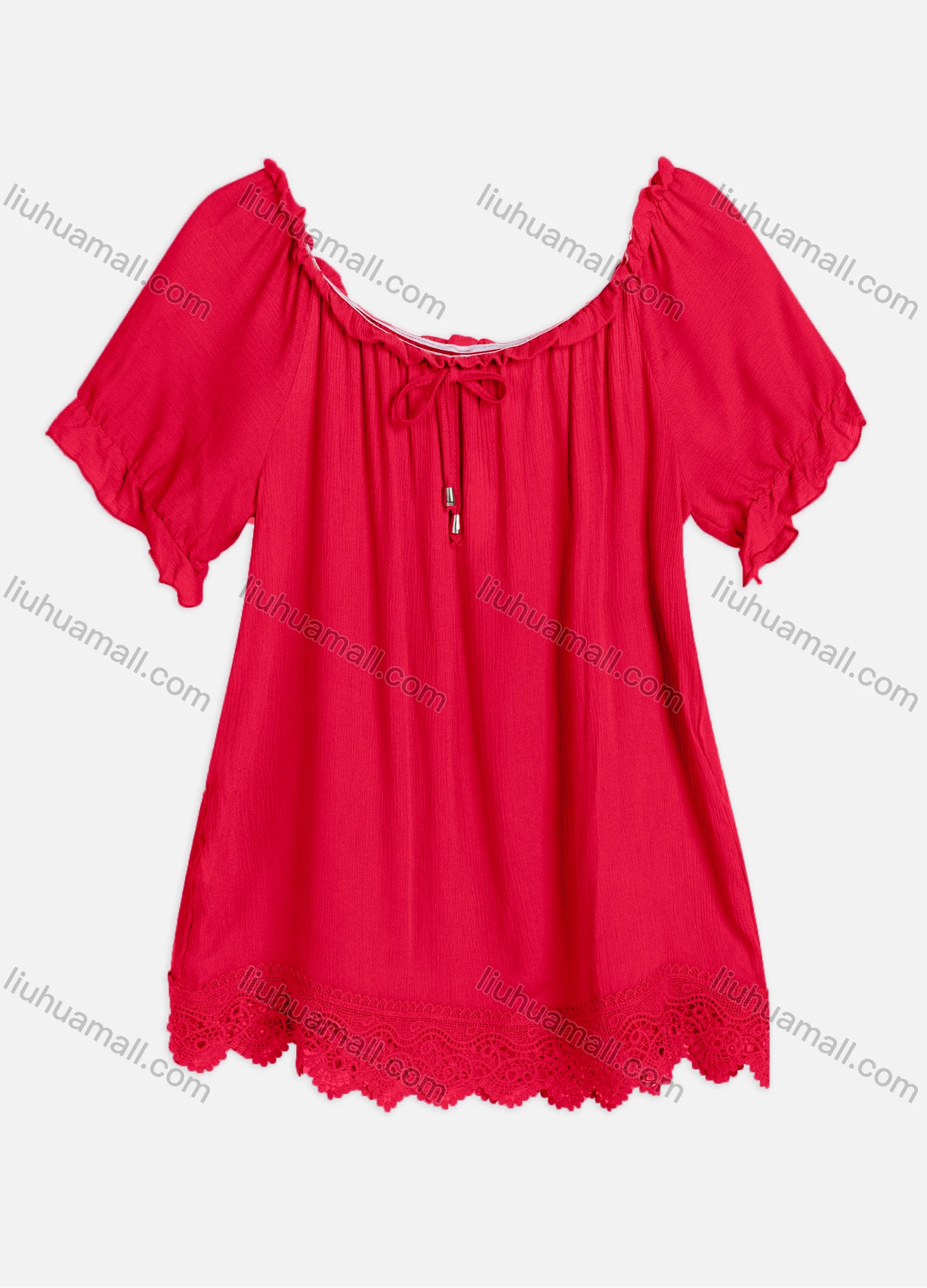 Wholesale Women's Casual Crew Neck Ruffle Sleeve Lace Up Guipure Lace Blouse RL-06# - Liuhuamall