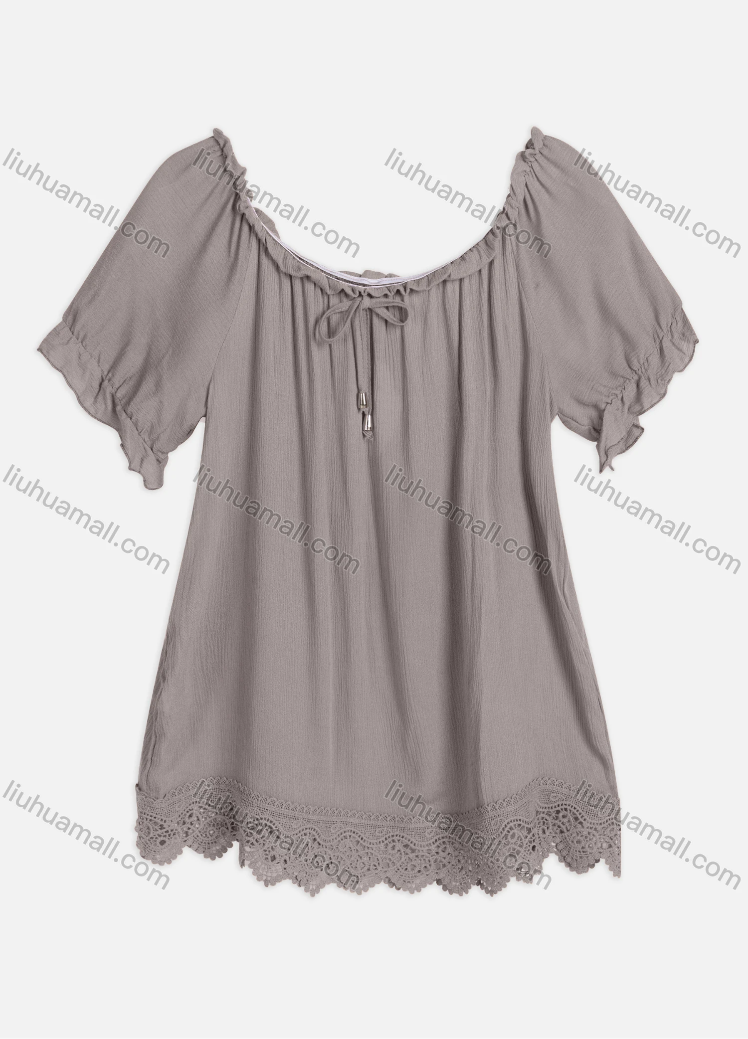 Wholesale Women's Casual Crew Neck Ruffle Sleeve Lace Up Guipure Lace Blouse RL-06# - Liuhuamall
