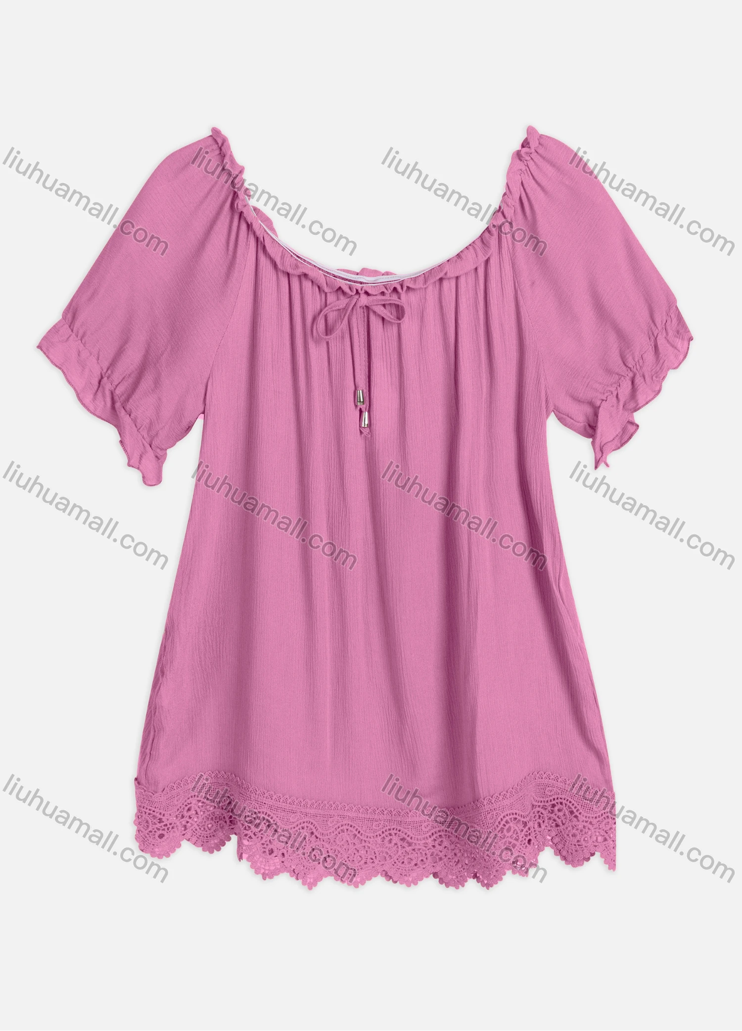Wholesale Women's Casual Crew Neck Ruffle Sleeve Lace Up Guipure Lace Blouse RL-06# - Liuhuamall