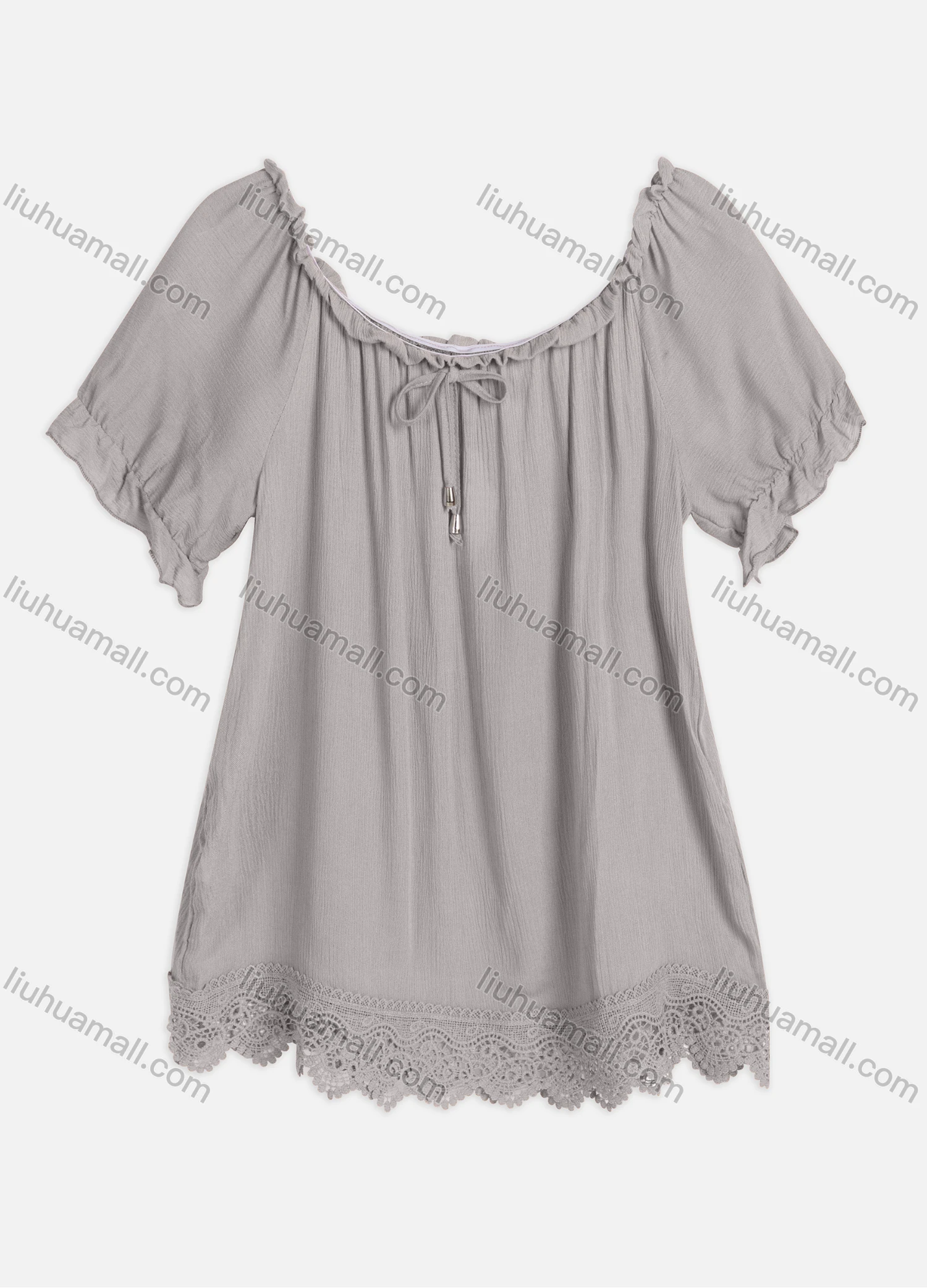 Wholesale Women's Casual Crew Neck Ruffle Sleeve Lace Up Guipure Lace Blouse RL-06# - Liuhuamall