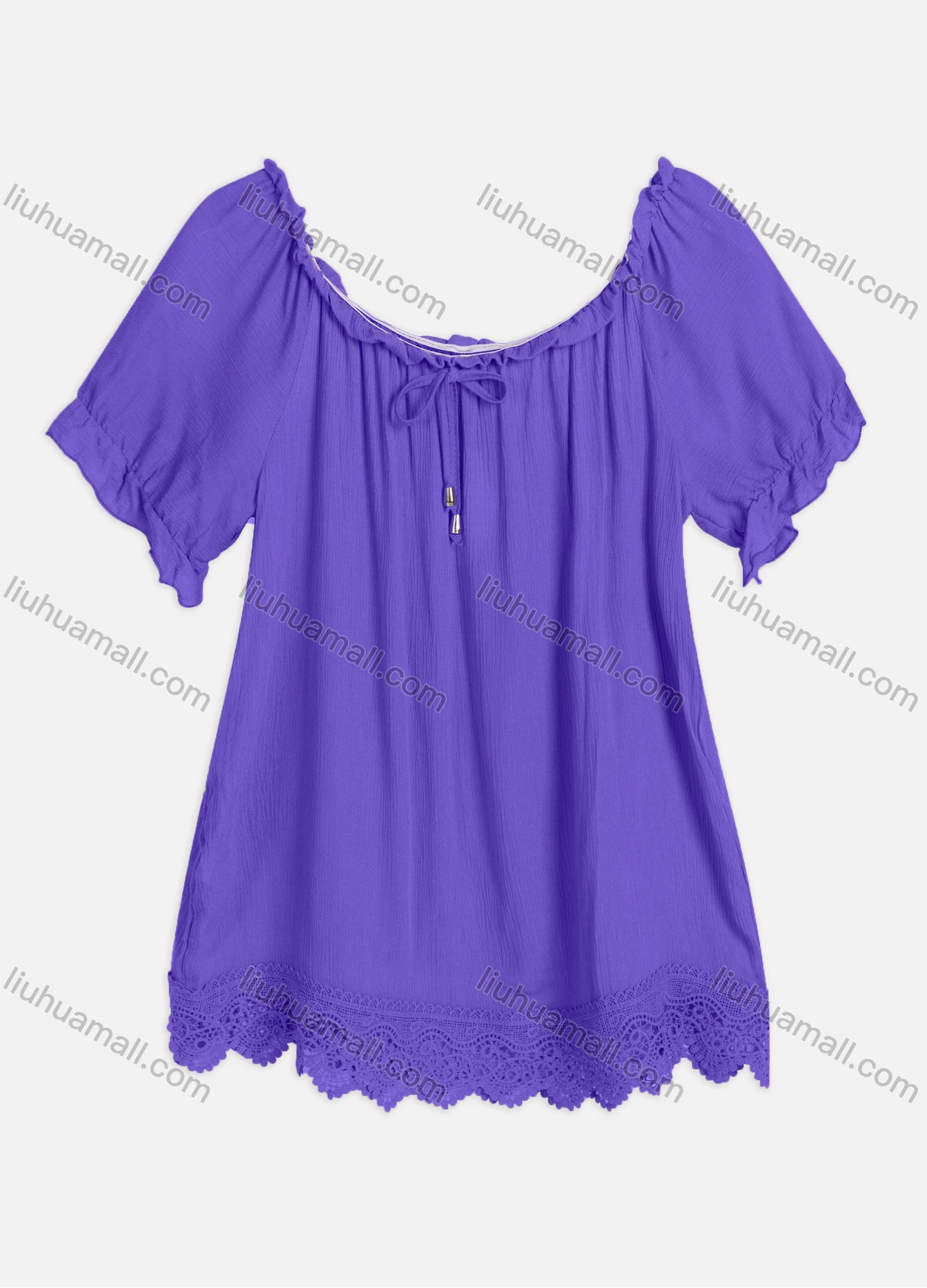 Wholesale Women's Casual Crew Neck Ruffle Sleeve Lace Up Guipure Lace Blouse RL-06# - Liuhuamall