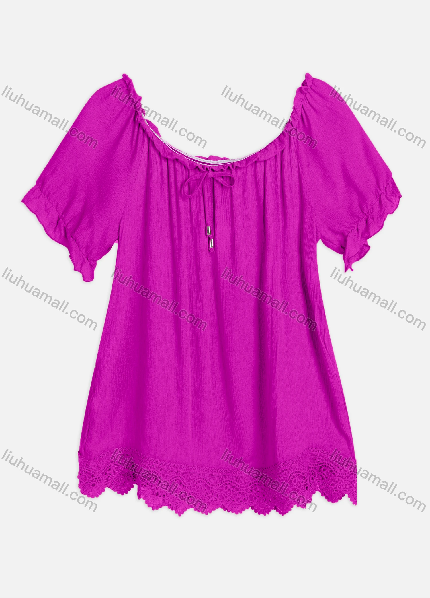 Wholesale Women's Casual Crew Neck Ruffle Sleeve Lace Up Guipure Lace Blouse RL-06# - Liuhuamall