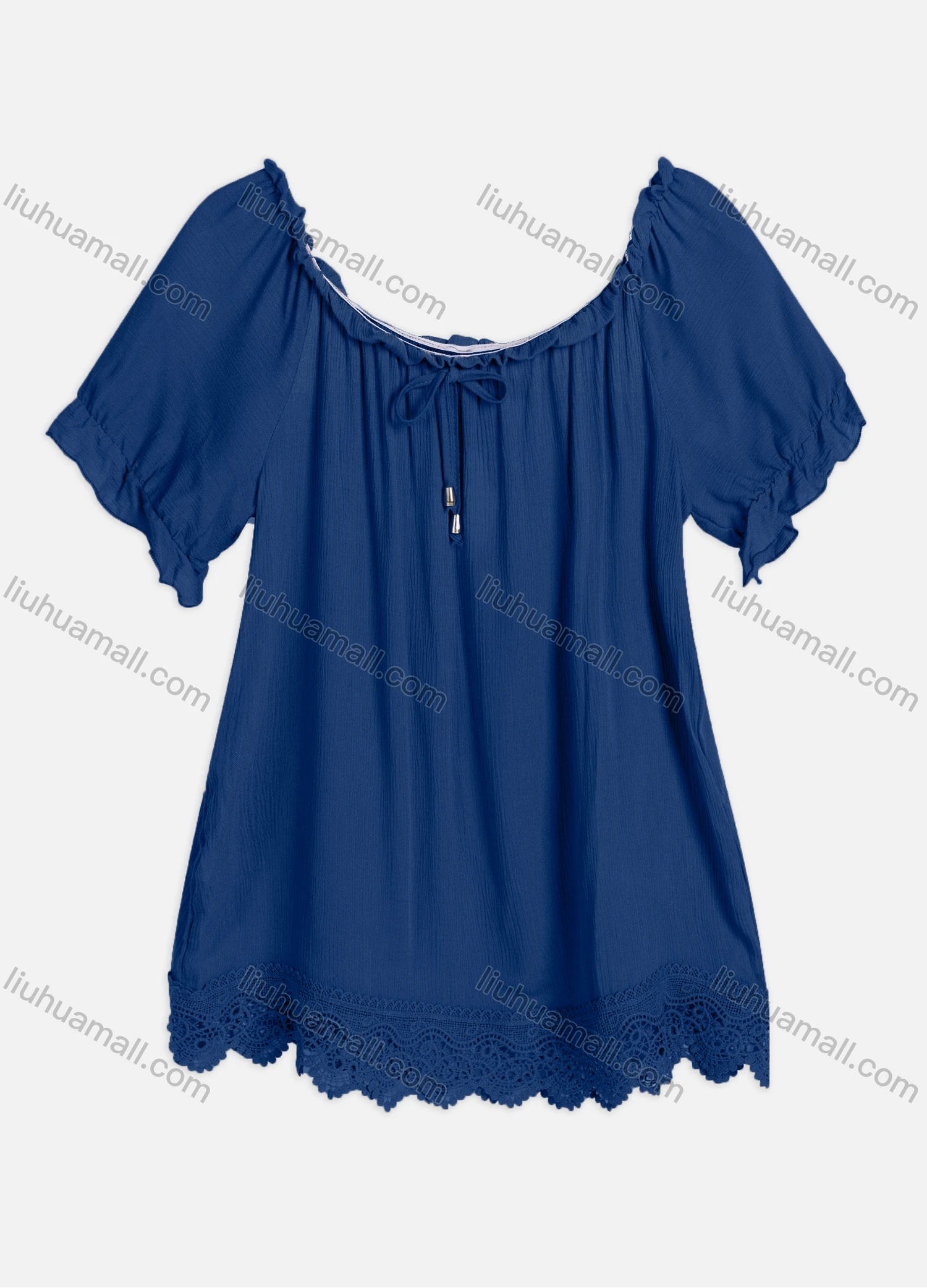 Wholesale Women's Casual Crew Neck Ruffle Sleeve Lace Up Guipure Lace Blouse RL-06# - Liuhuamall