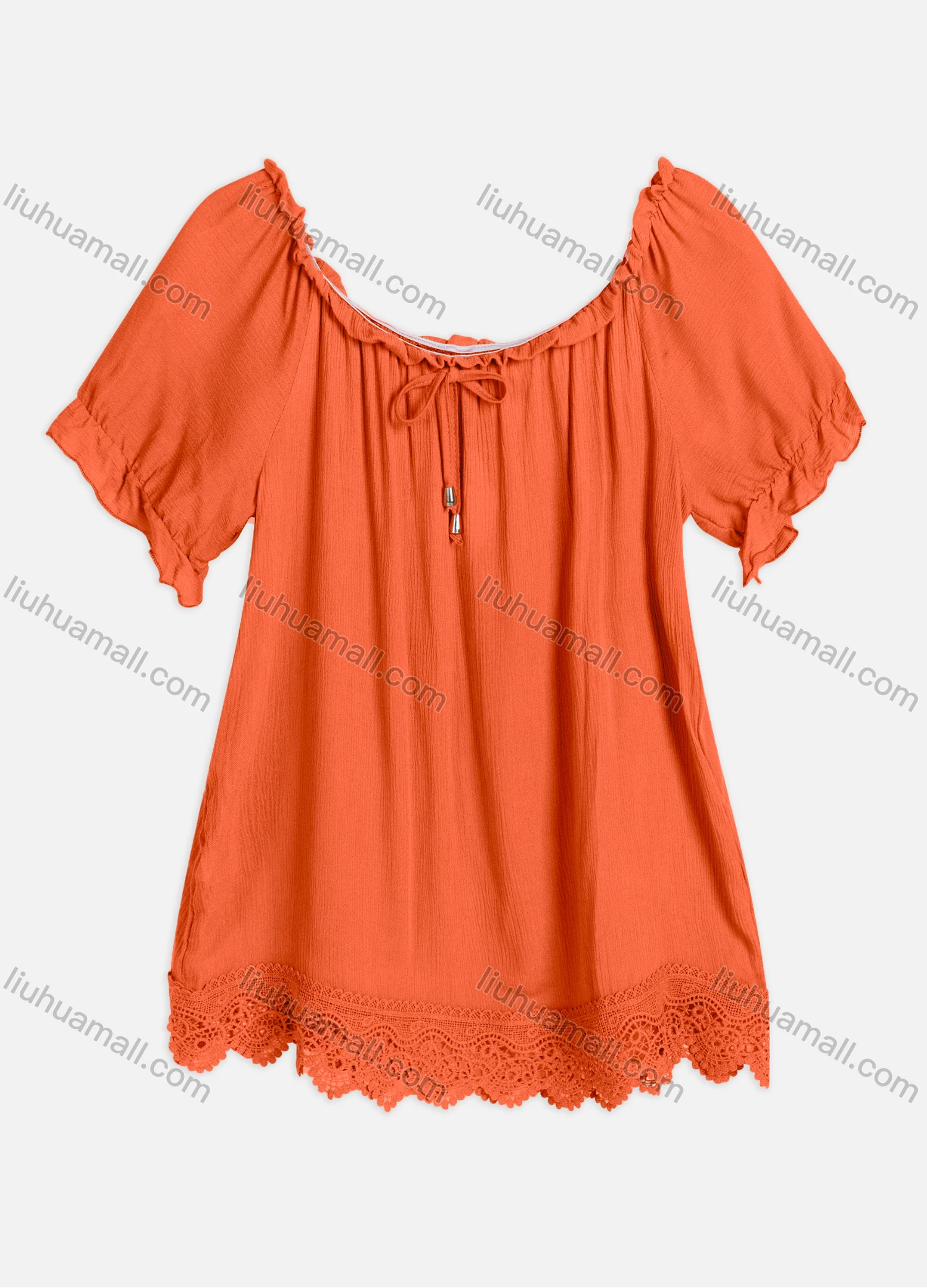 Wholesale Women's Casual Crew Neck Ruffle Sleeve Lace Up Guipure Lace Blouse RL-06# - Liuhuamall