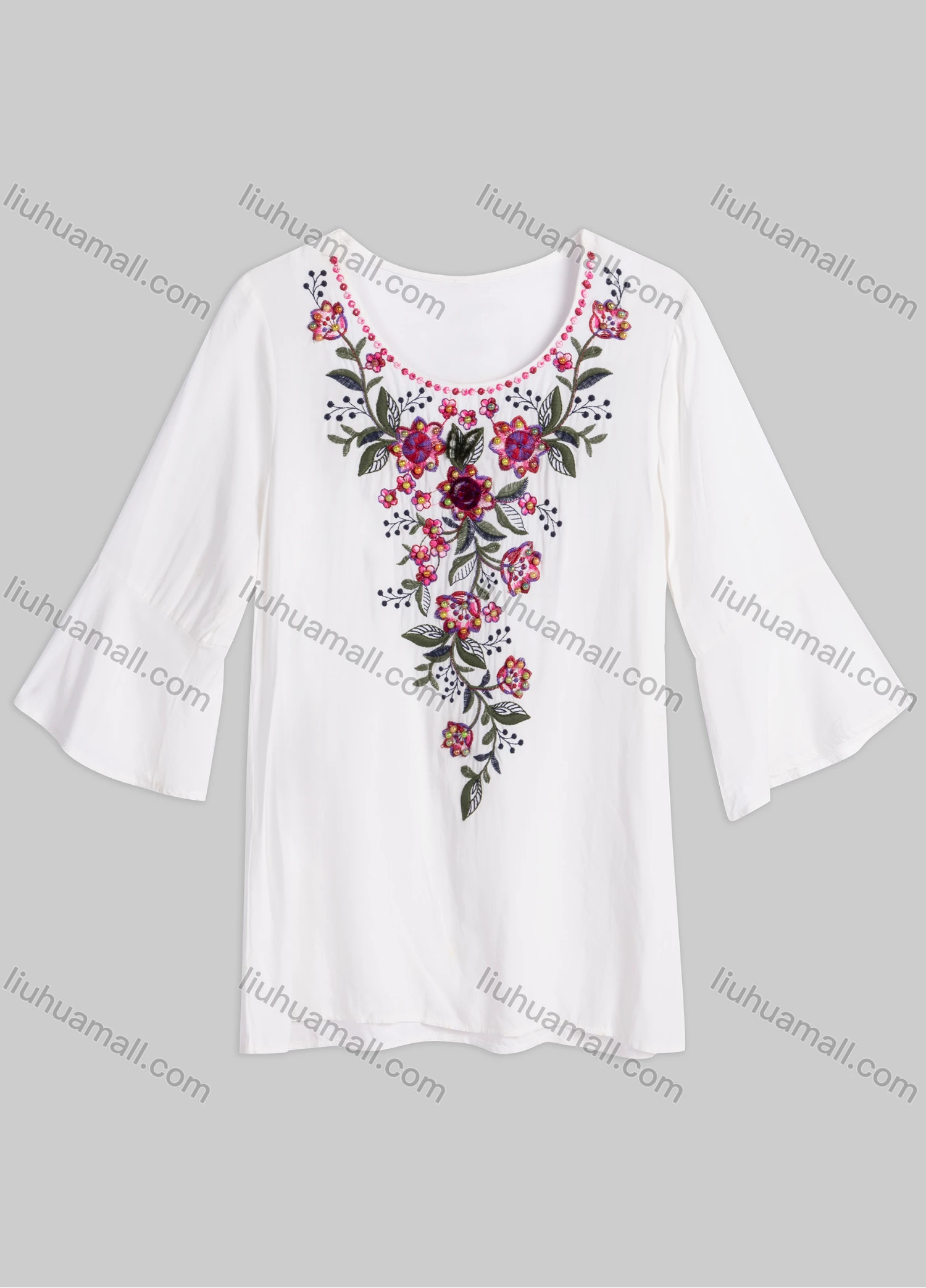 Wholesale Women's Casual Floral Pearl Decor Scoop Neck Ruffle Sleeve Blouse HF9278-2# - Liuhuamall